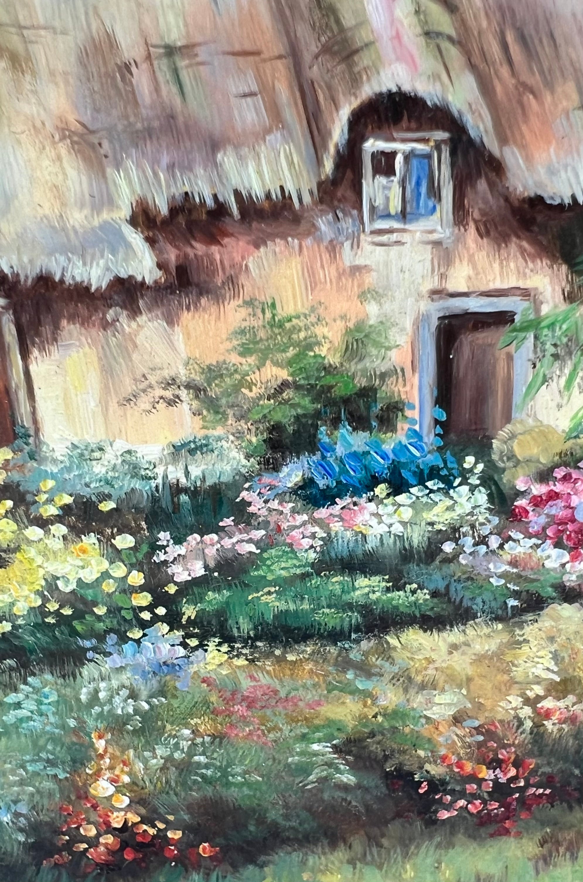 VINTAGE OIL PAINTING COTTAGE GARDEN LANDSCAPE BY SANZI LIPPI IN ORNATE GILT FRAME