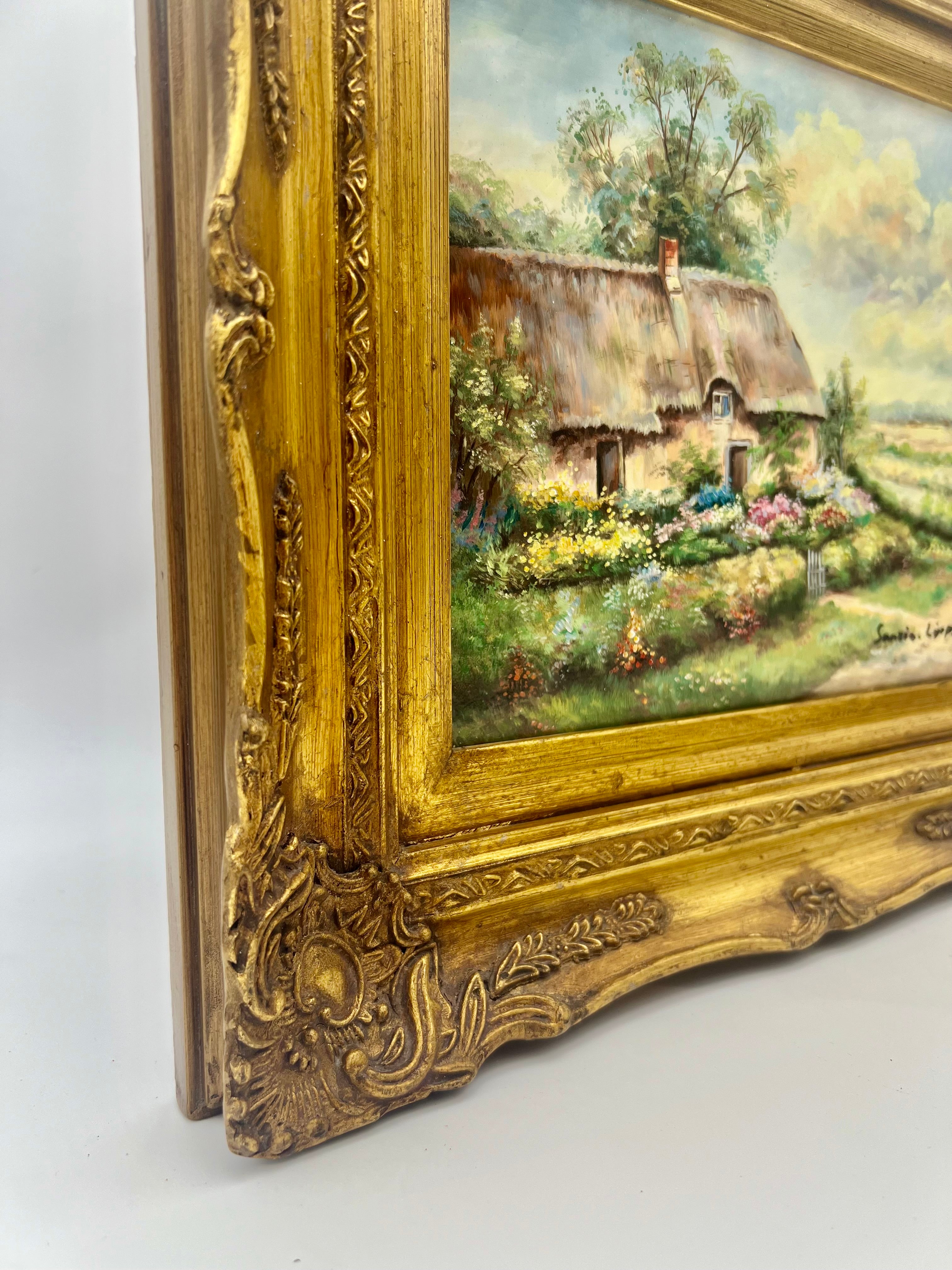 VINTAGE OIL PAINTING COTTAGE GARDEN LANDSCAPE BY SANZI LIPPI IN ORNATE GILT FRAME