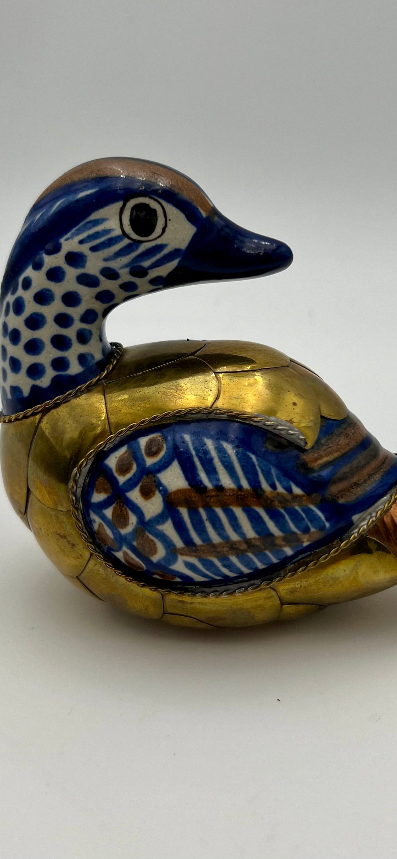 VINTAGE MIXED-METAL & ENAMEL DUCK FIGURINE – CHINESE MID-CENTURY – BRASS, COPPER & HAND-PAINTED CERAMIC – 4.5” x 5.5” – HEAVY 46 OZ DECOR SCULPTURE