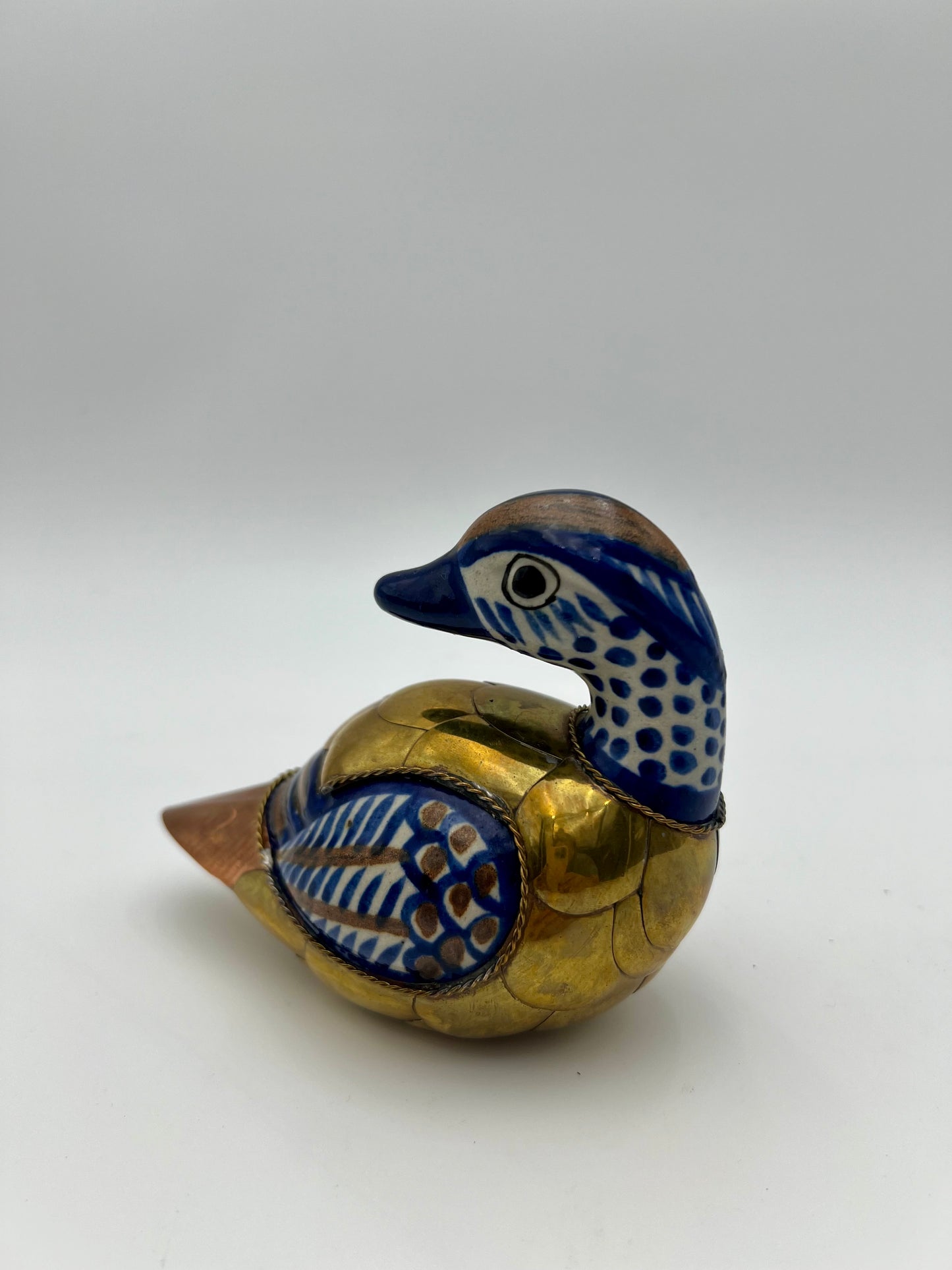 VINTAGE HANDMADE CERAMIC DUCK CLAD IN COPPER AND BRASS