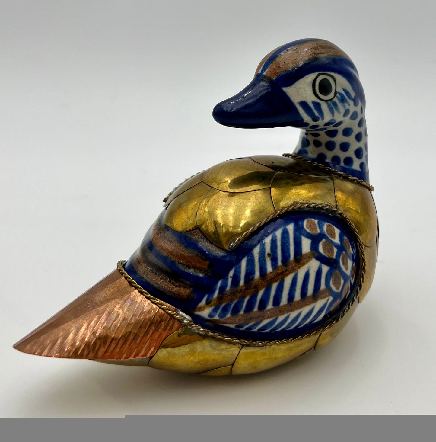 VINTAGE HANDMADE CERAMIC DUCK CLAD IN COPPER AND BRASS