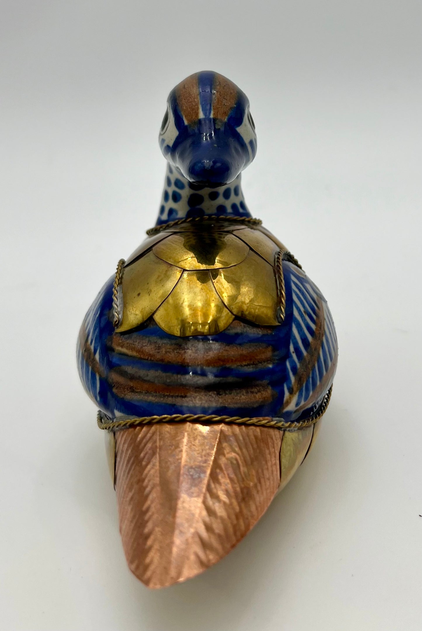 VINTAGE HANDMADE CERAMIC DUCK CLAD IN COPPER AND BRASS