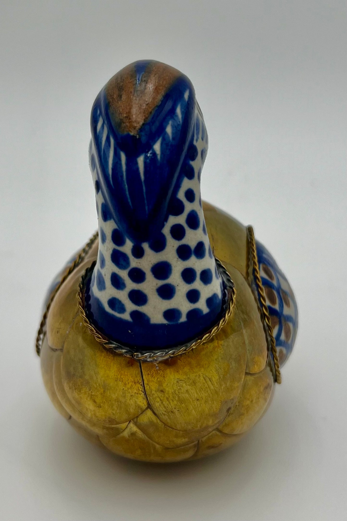 VINTAGE HANDMADE CERAMIC DUCK CLAD IN COPPER AND BRASS