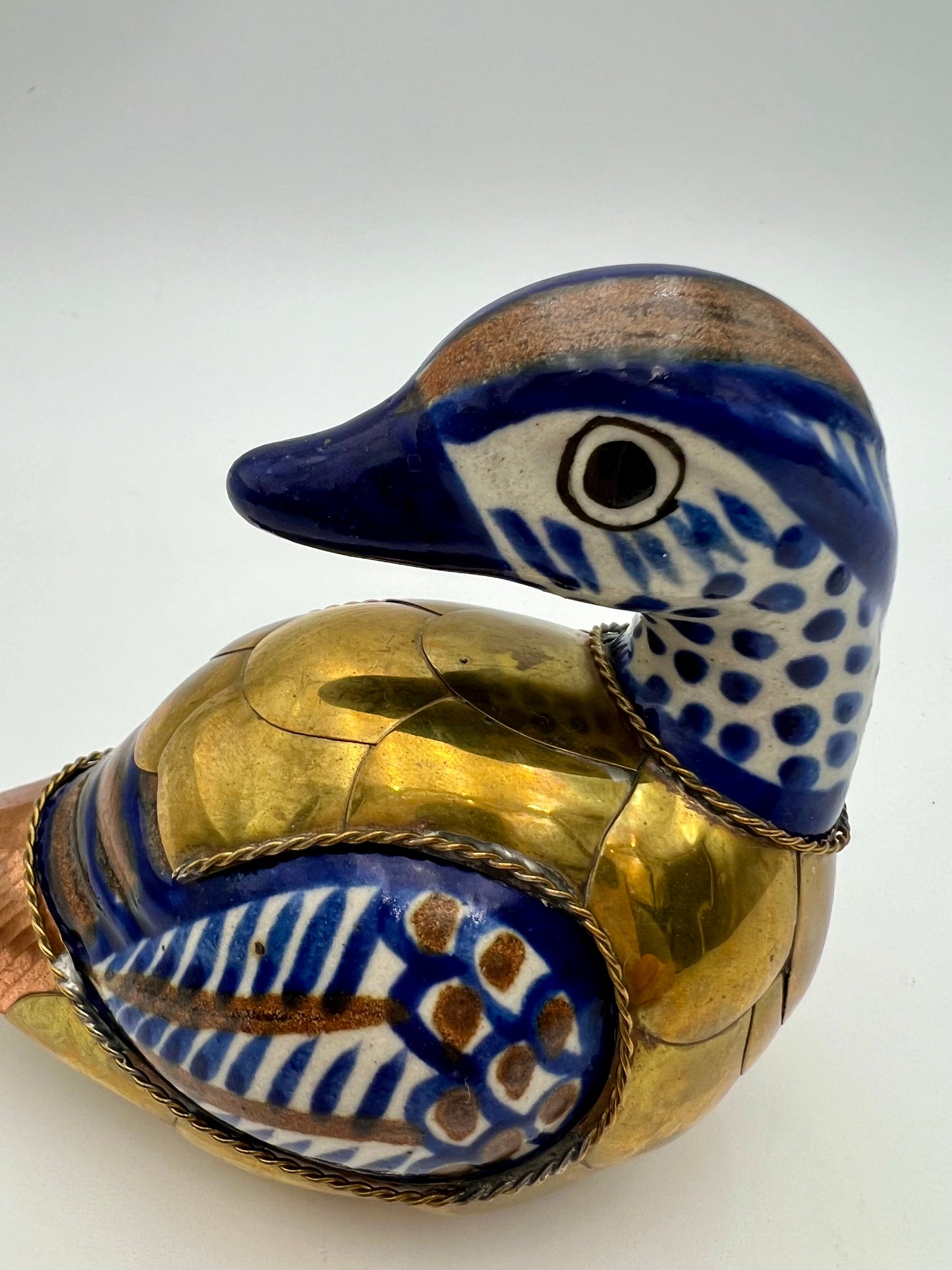VINTAGE HANDMADE CERAMIC DUCK CLAD IN COPPER AND BRASS