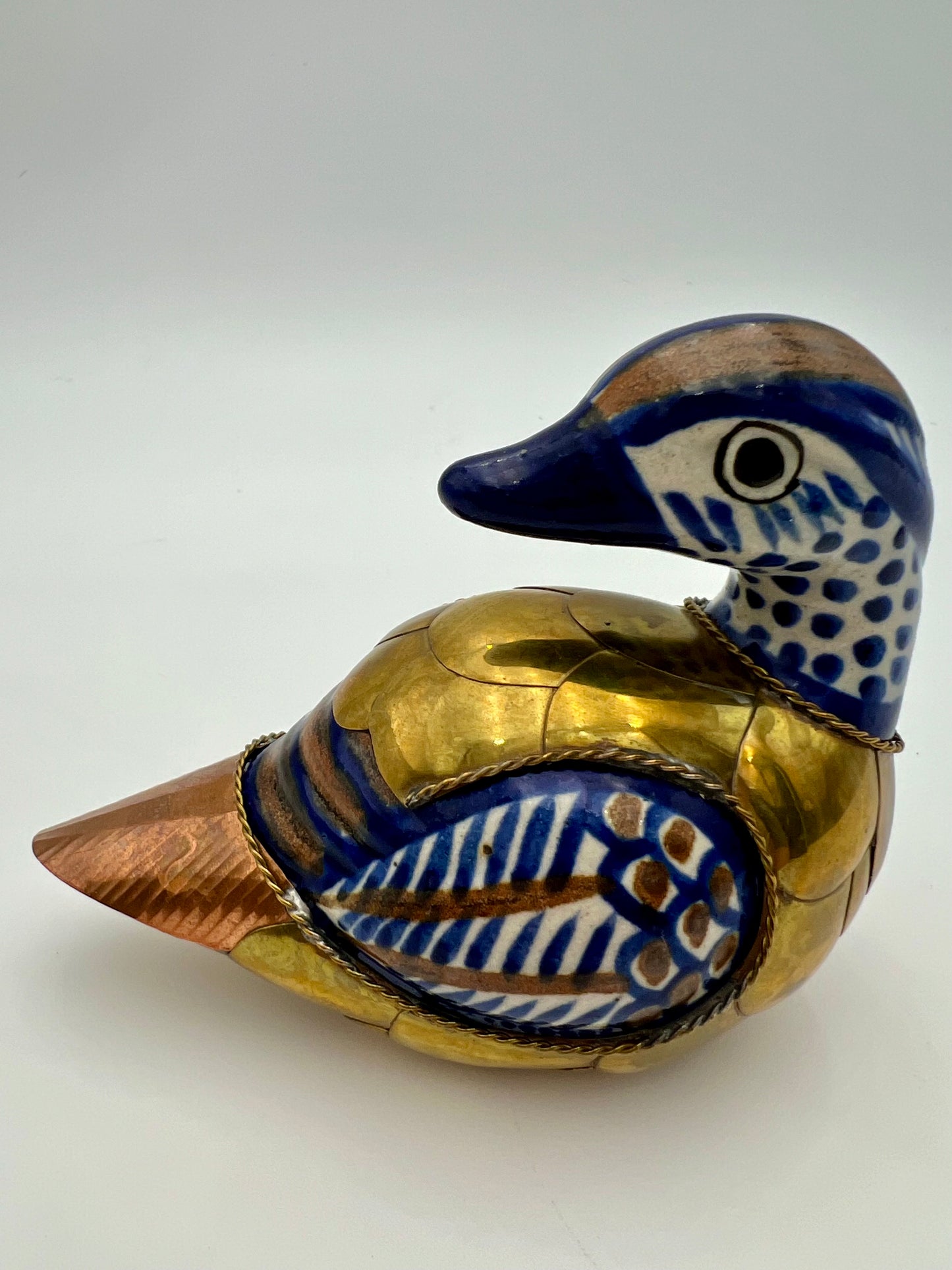 VINTAGE HANDMADE CERAMIC DUCK CLAD IN COPPER AND BRASS