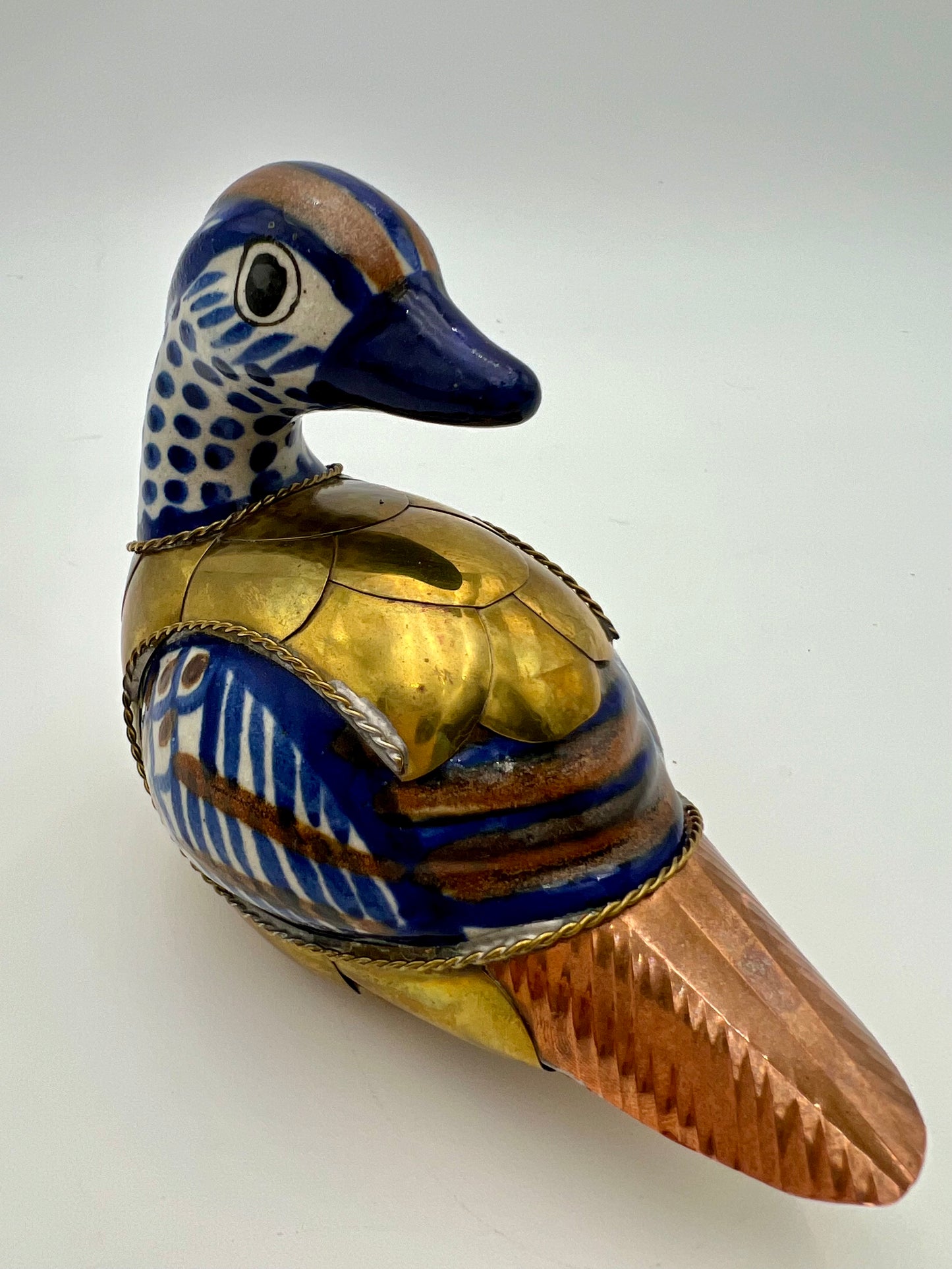 VINTAGE HANDMADE CERAMIC DUCK CLAD IN COPPER AND BRASS