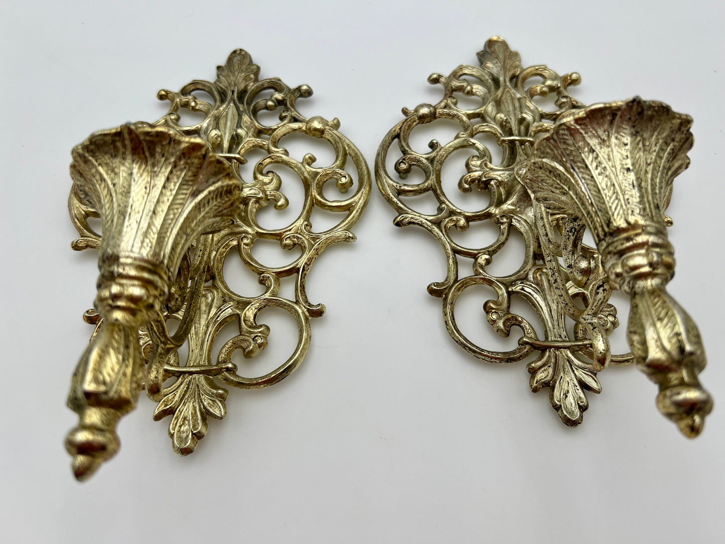 RARE VINTAGE PAIR OF ORNATE GOLD WALL SCONCES