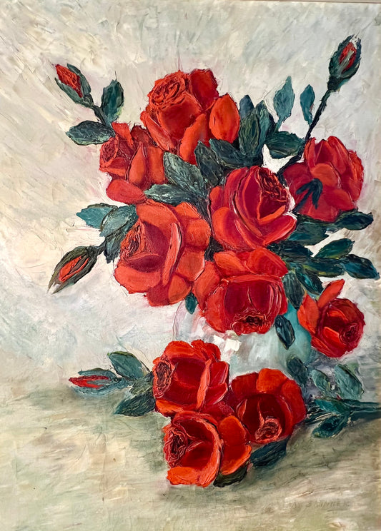 VINTAGE RED ROSES MILDRED SKINNER FRAMED ORIGINAL PAINTING