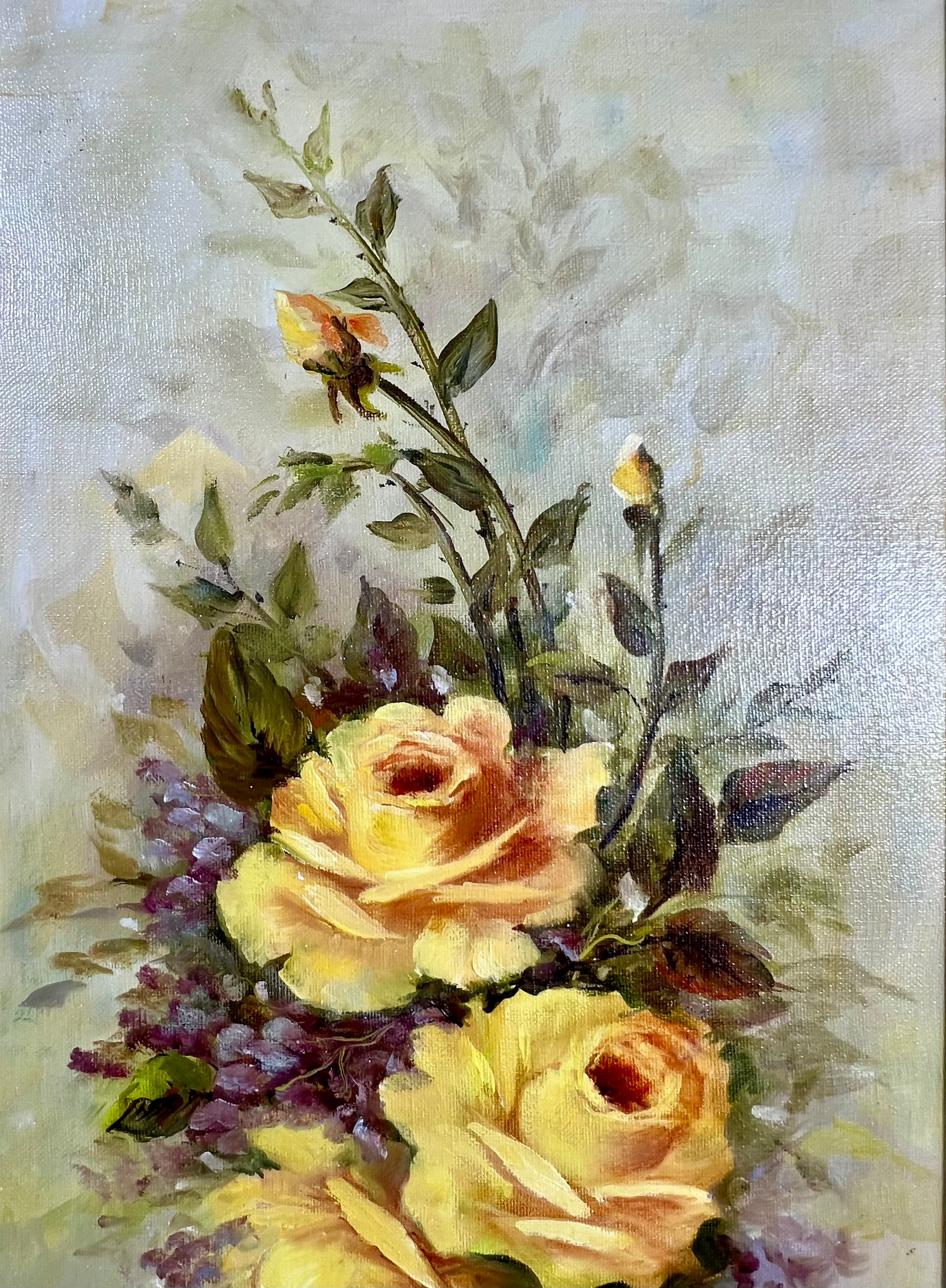 YELLOW ROSES BY IRENE NEWMAN – ORIGINAL OIL PAINTING – VINTAGE TEXAS FLORAL ART