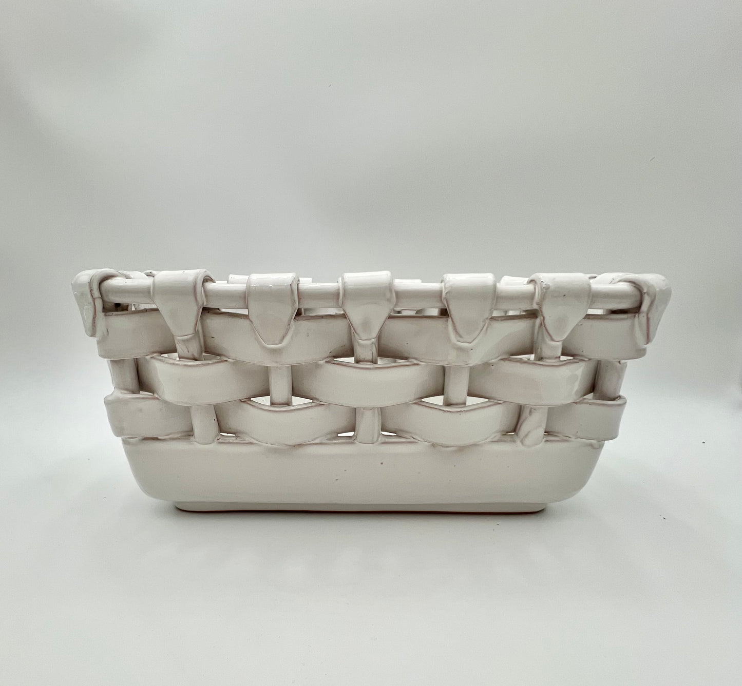 LARGE VINTAGE ITALIAN GLAZED TERRA COTTA WOVEN BASKET