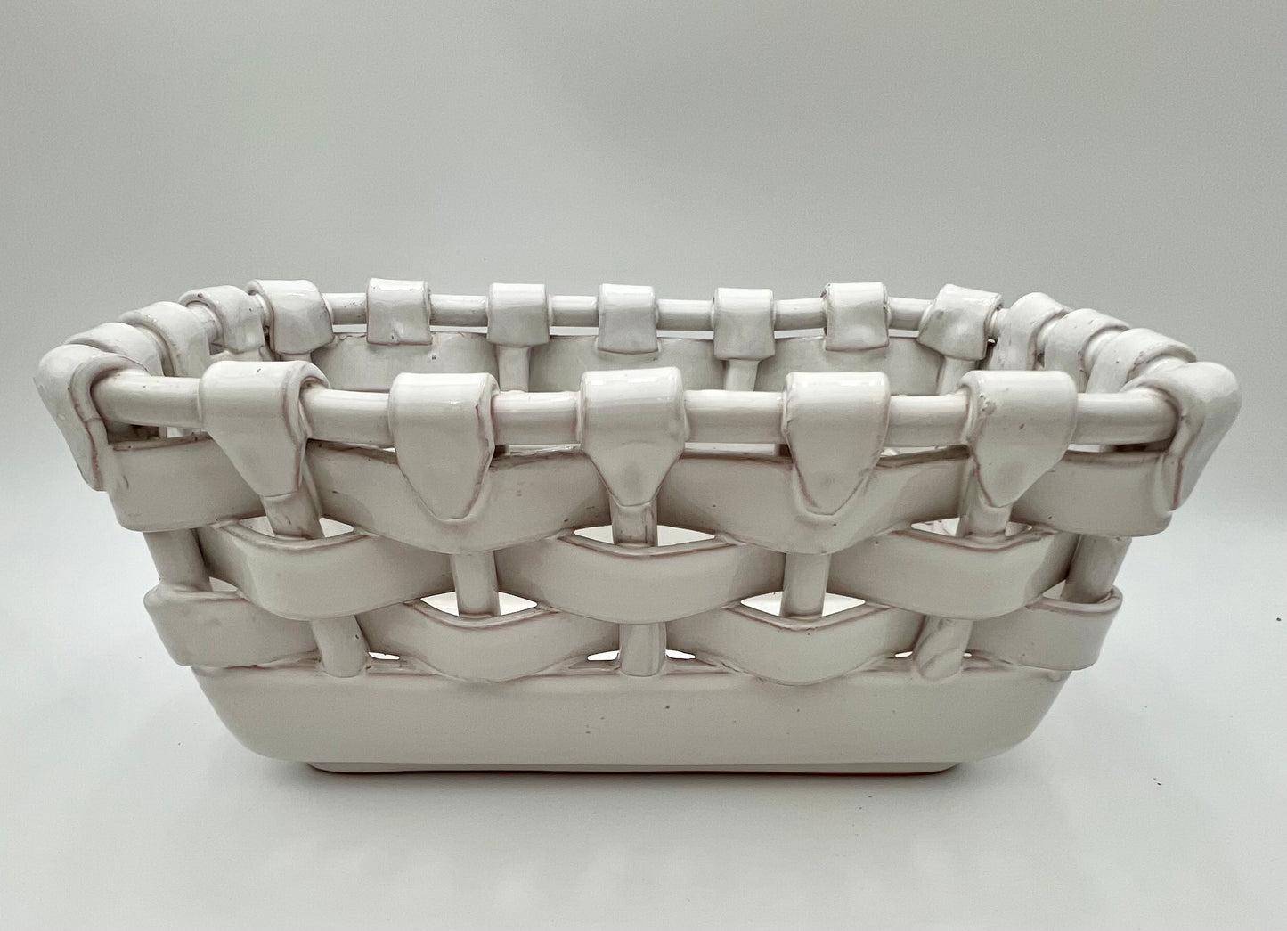 LARGE VINTAGE ITALIAN GLAZED TERRA COTTA WOVEN BASKET