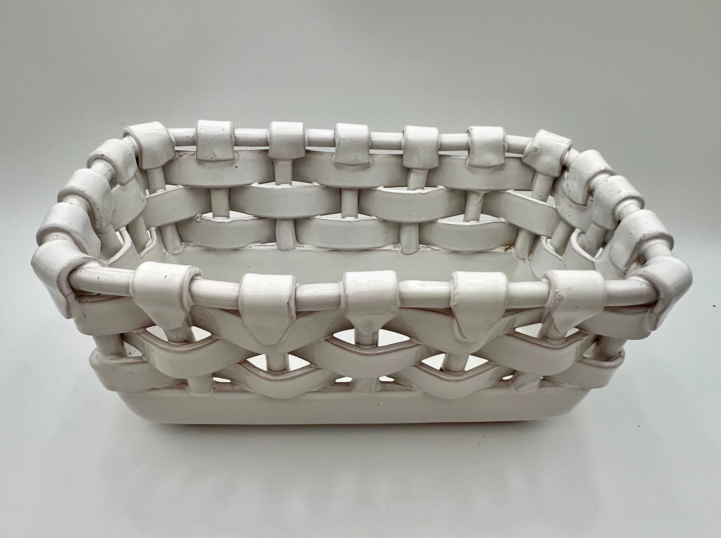 LARGE VINTAGE ITALIAN GLAZED TERRA COTTA WOVEN BASKET