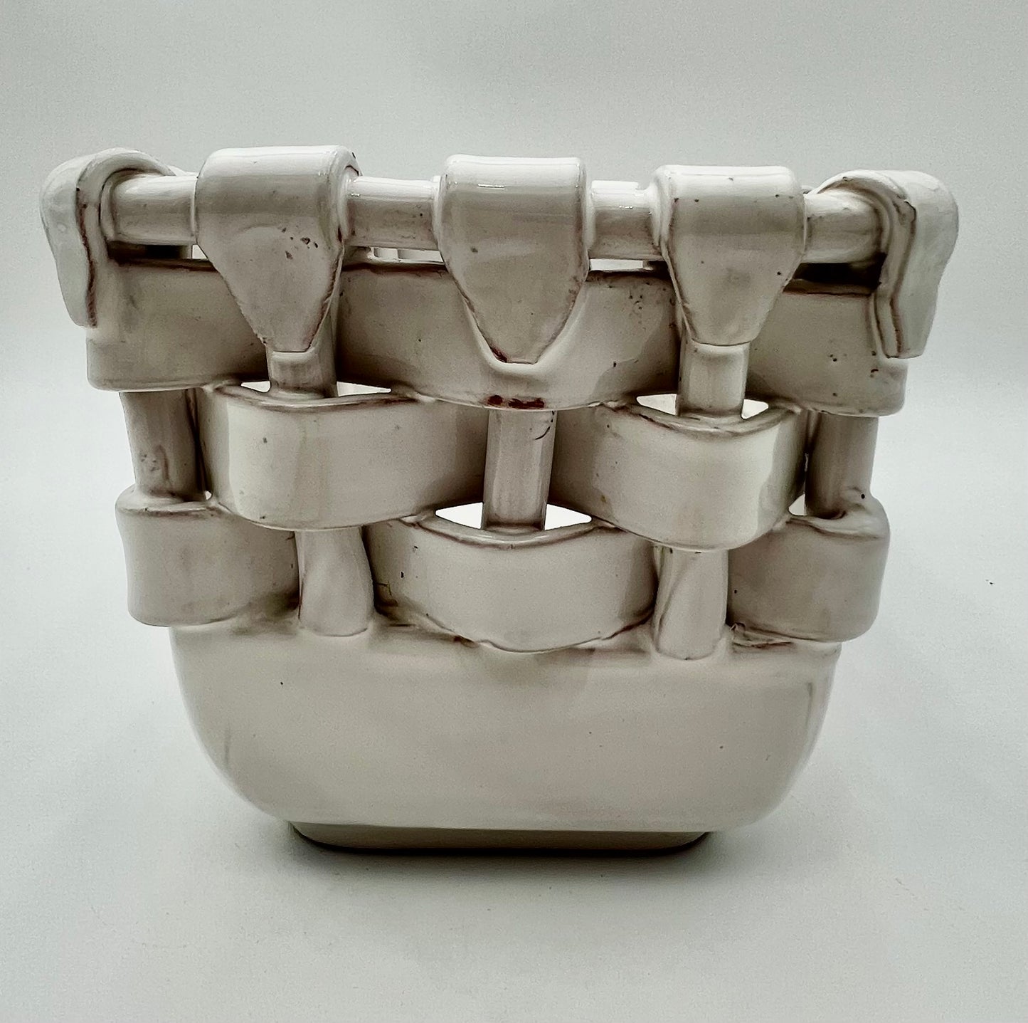 LARGE VINTAGE ITALIAN GLAZED TERRA COTTA WOVEN BASKET
