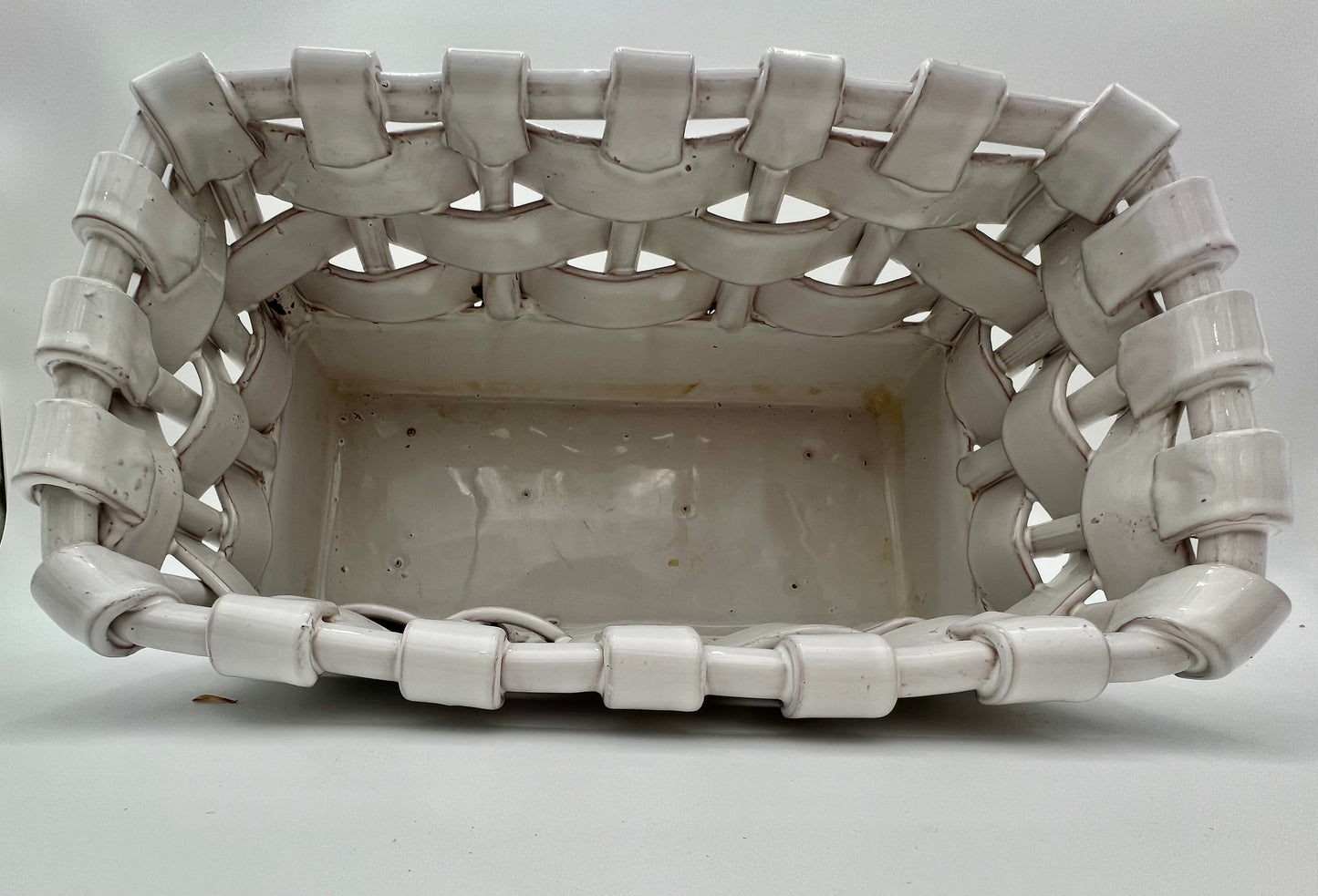 LARGE VINTAGE ITALIAN GLAZED TERRA COTTA WOVEN BASKET