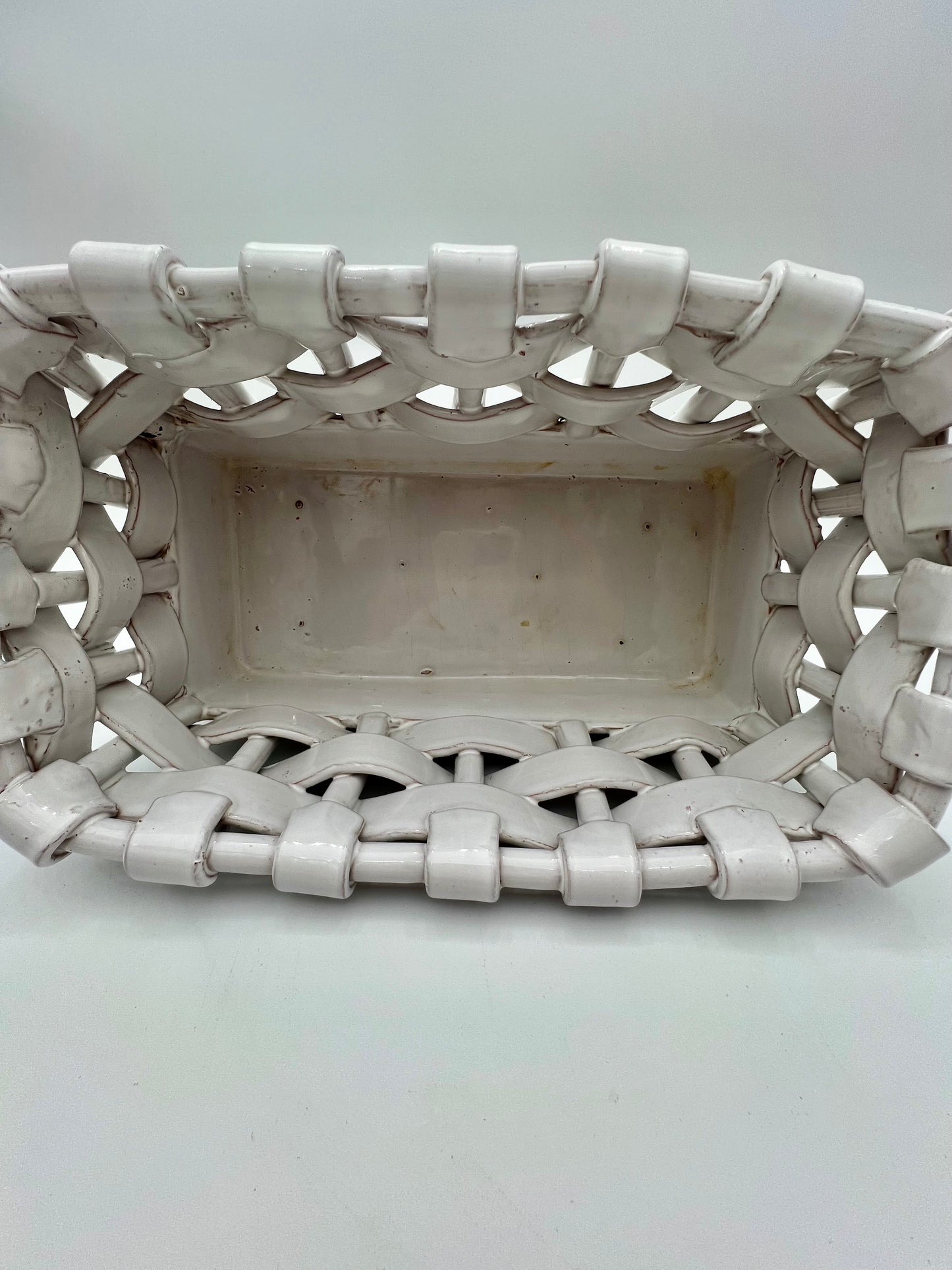LARGE VINTAGE ITALIAN GLAZED TERRA COTTA WOVEN BASKET