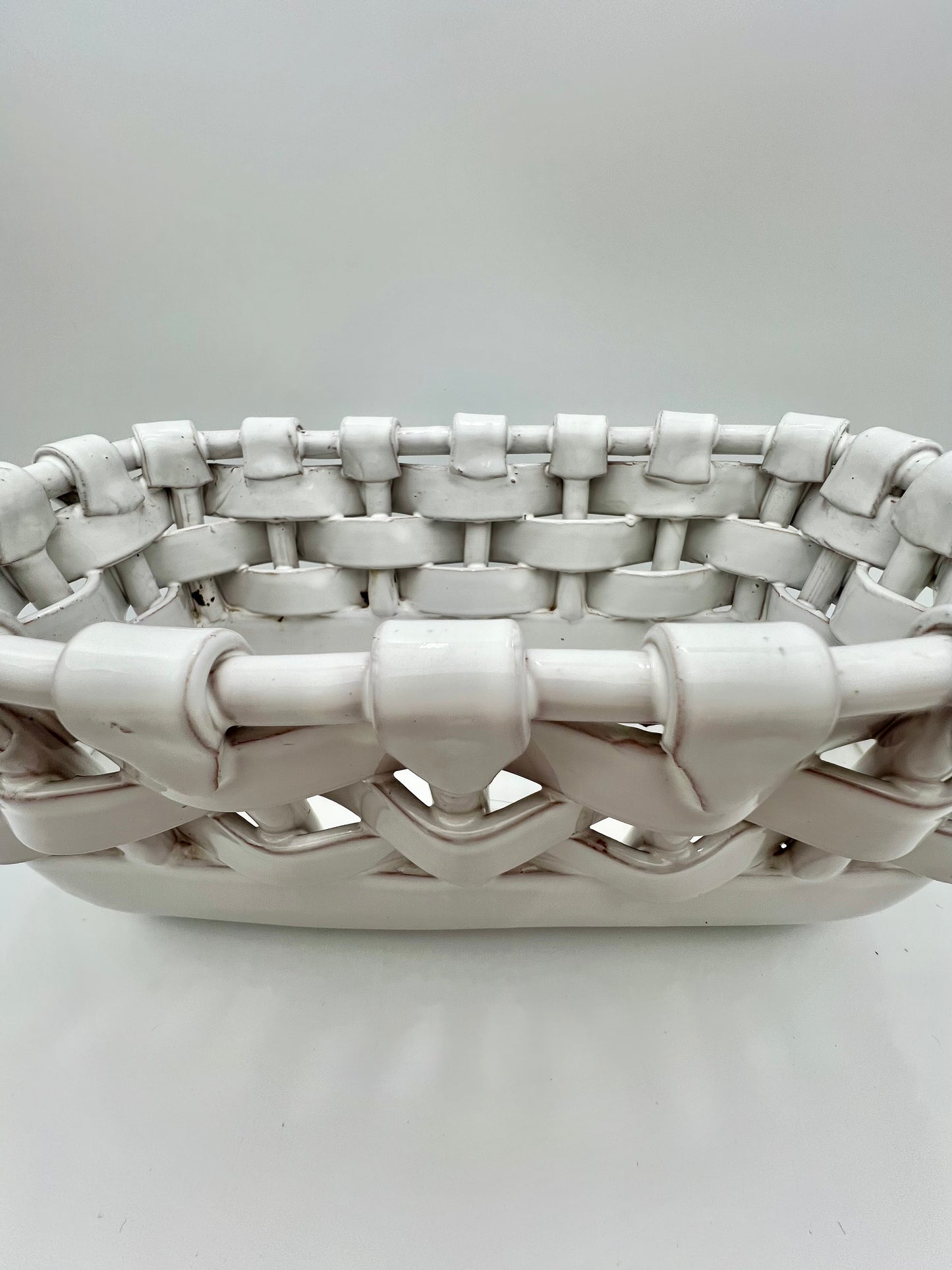 LARGE VINTAGE ITALIAN GLAZED TERRA COTTA WOVEN BASKET