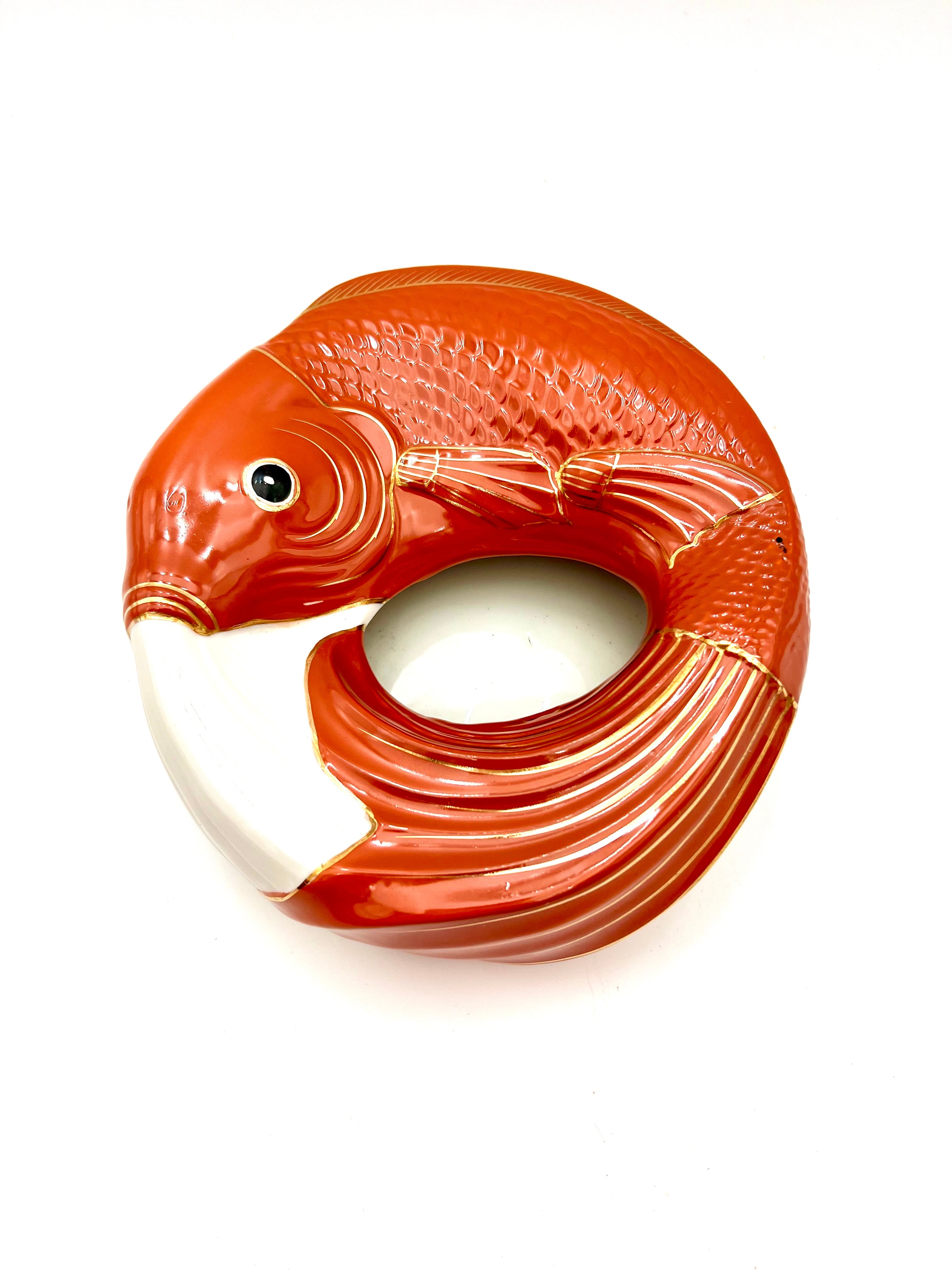 VINTAGE NEIMAN MARCUS JAPAN KOI FISH CERAMIC CENTERPIECE BOWL – ORANGE AND GOLD MID CENTURY MODERN