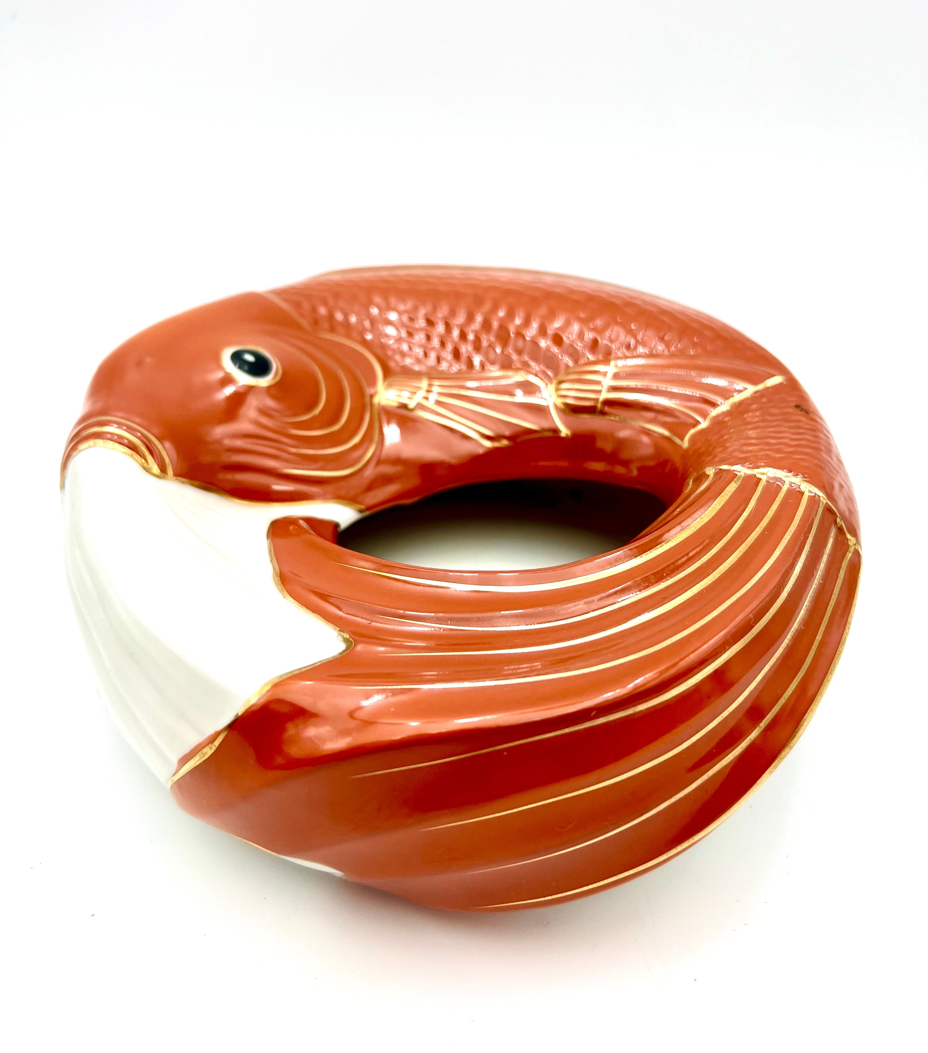 VINTAGE NEIMAN MARCUS JAPAN KOI FISH CERAMIC CENTERPIECE BOWL – ORANGE AND GOLD MID CENTURY MODERN