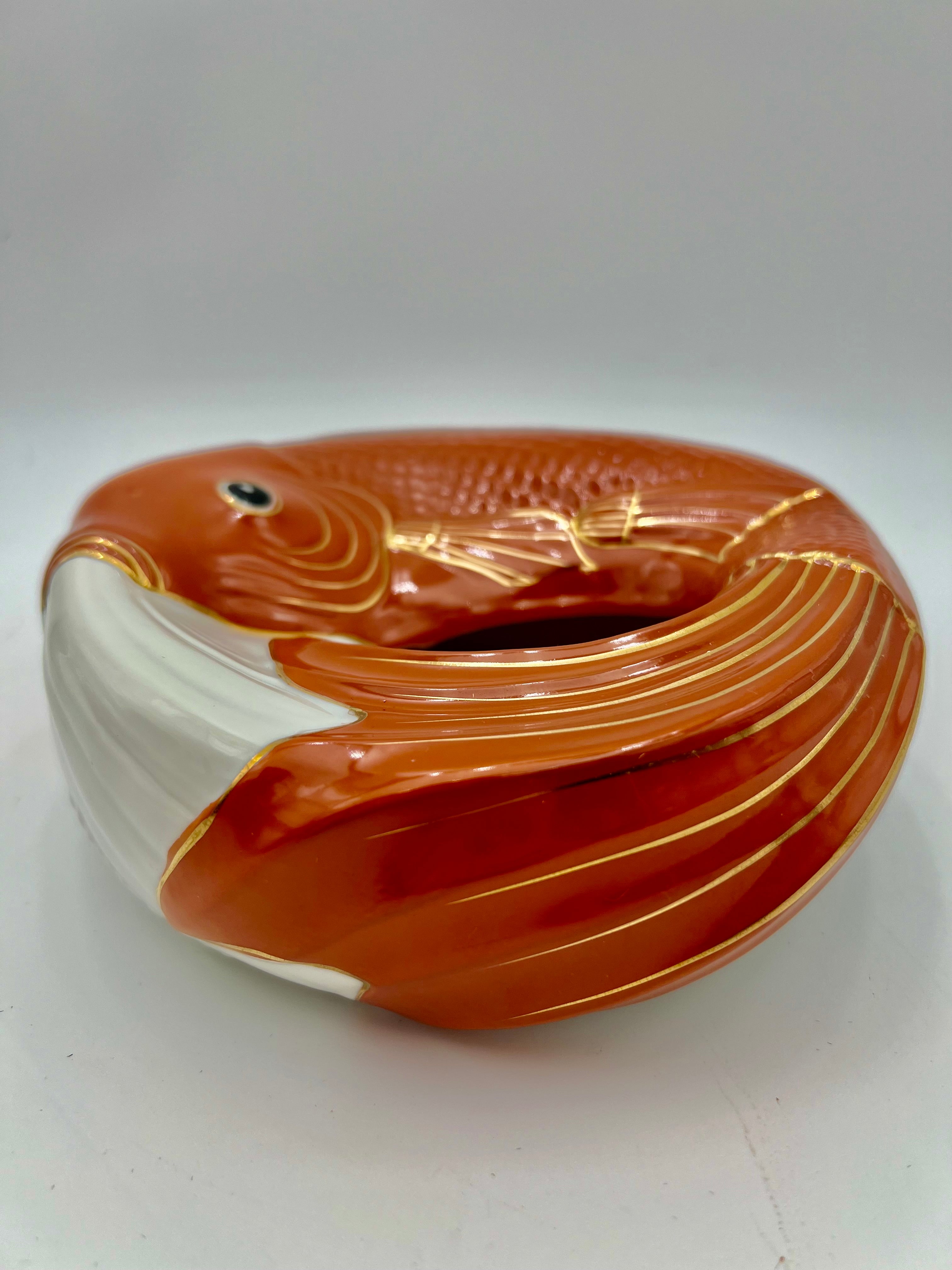 VINTAGE NEIMAN MARCUS JAPAN KOI FISH CERAMIC CENTERPIECE BOWL – ORANGE AND GOLD MID CENTURY MODERN