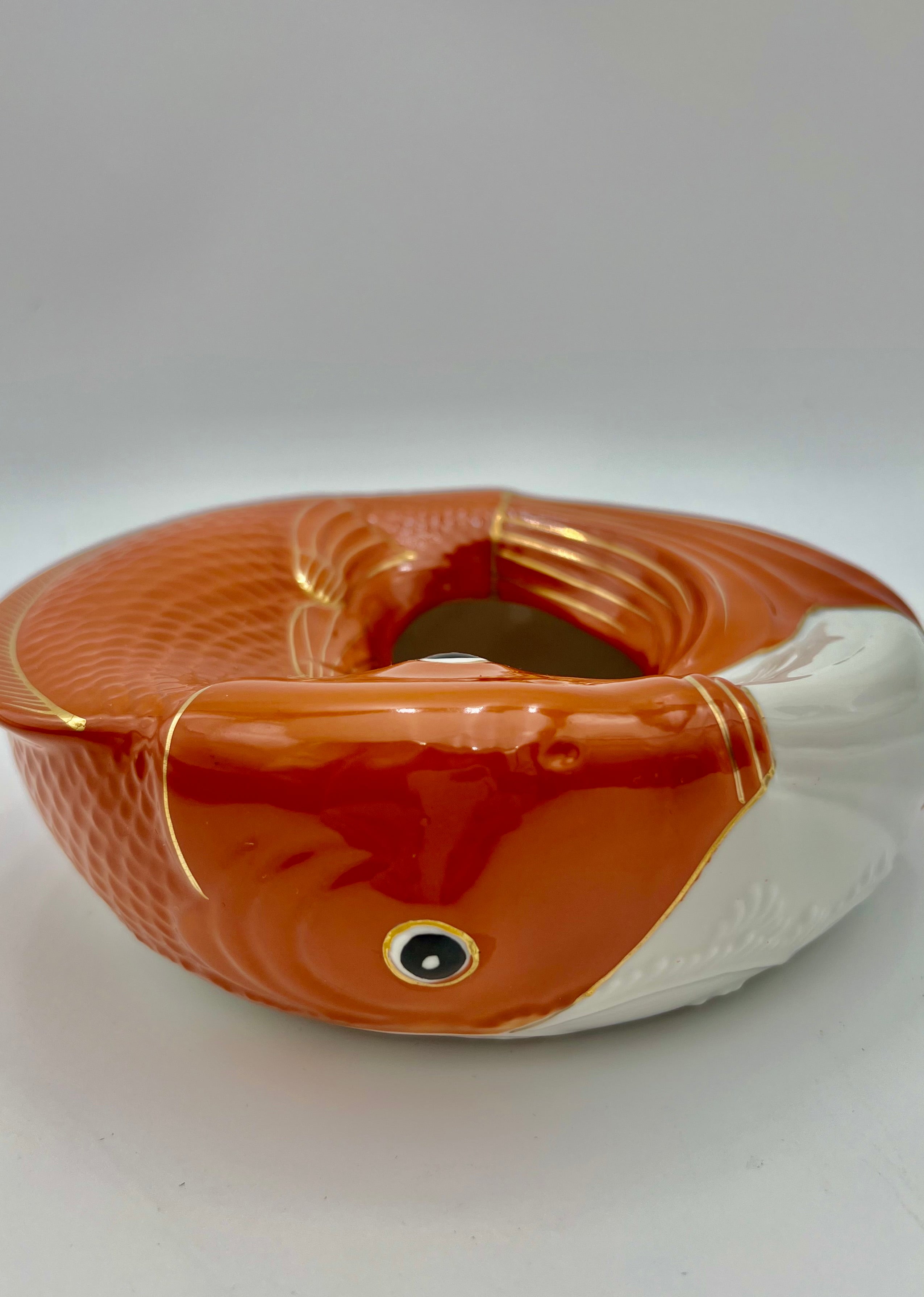 VINTAGE NEIMAN MARCUS JAPAN KOI FISH CERAMIC CENTERPIECE BOWL – ORANGE AND GOLD MID CENTURY MODERN