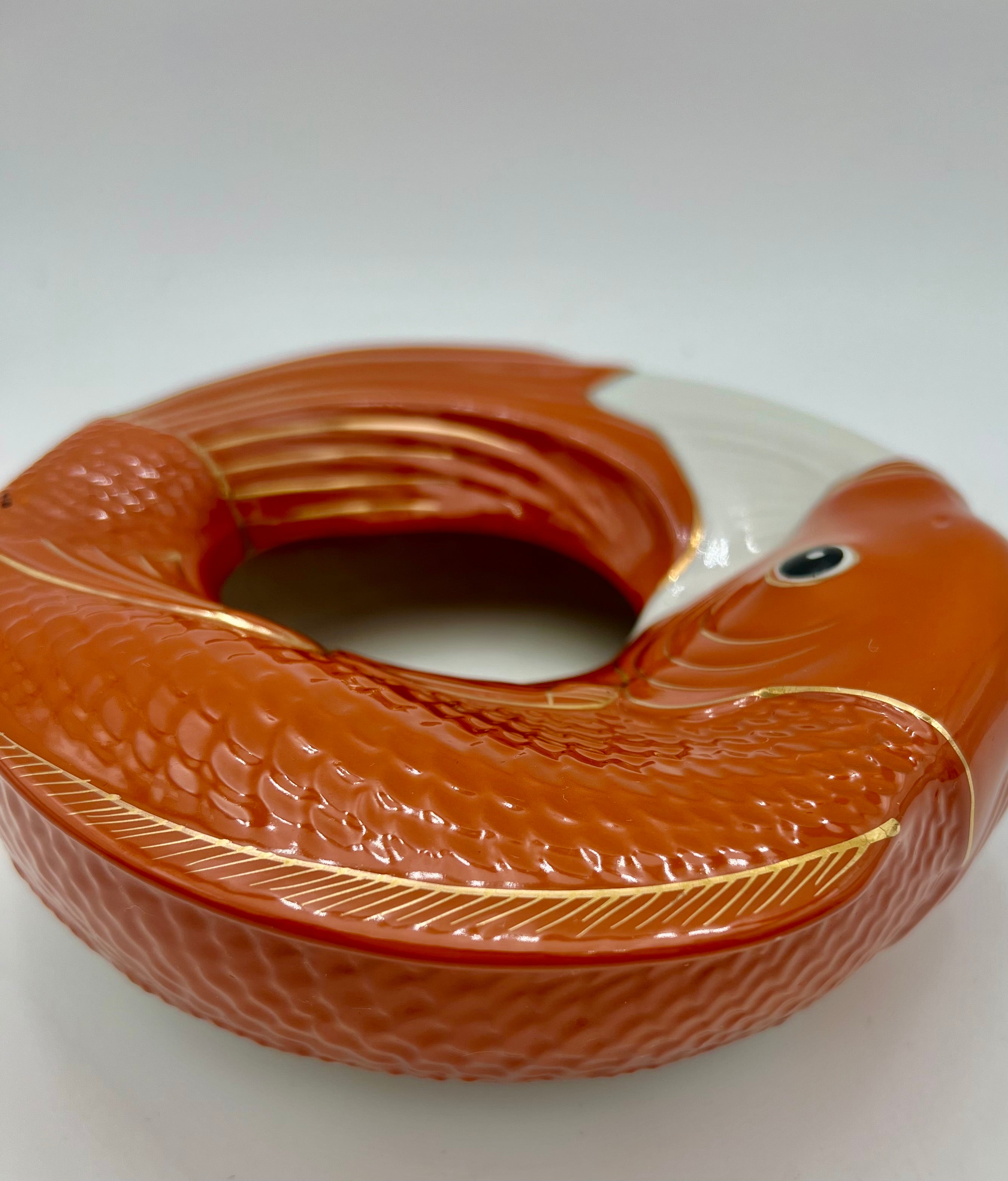 VINTAGE NEIMAN MARCUS JAPAN KOI FISH CERAMIC CENTERPIECE BOWL – ORANGE AND GOLD MID CENTURY MODERN