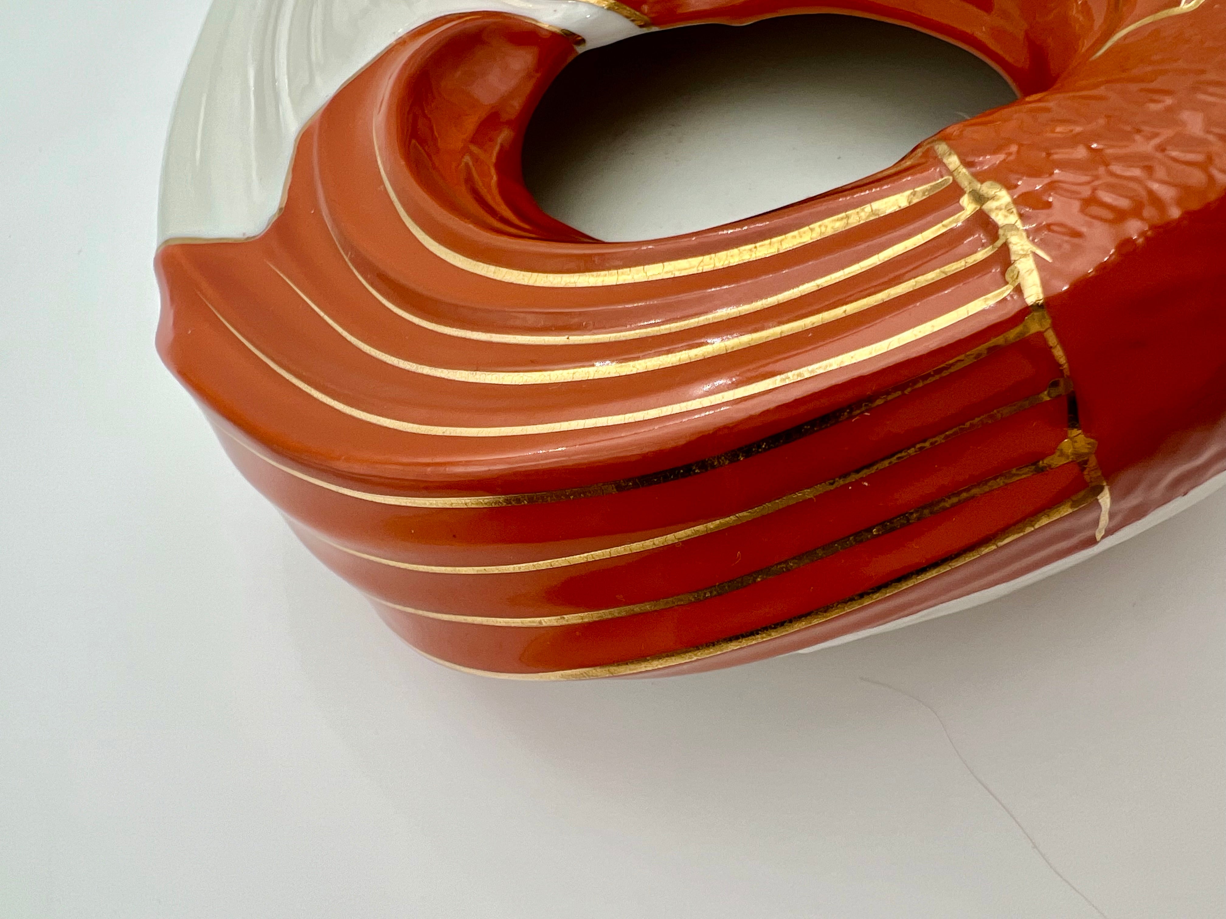 VINTAGE NEIMAN MARCUS JAPAN KOI FISH CERAMIC CENTERPIECE BOWL – ORANGE AND GOLD MID CENTURY MODERN