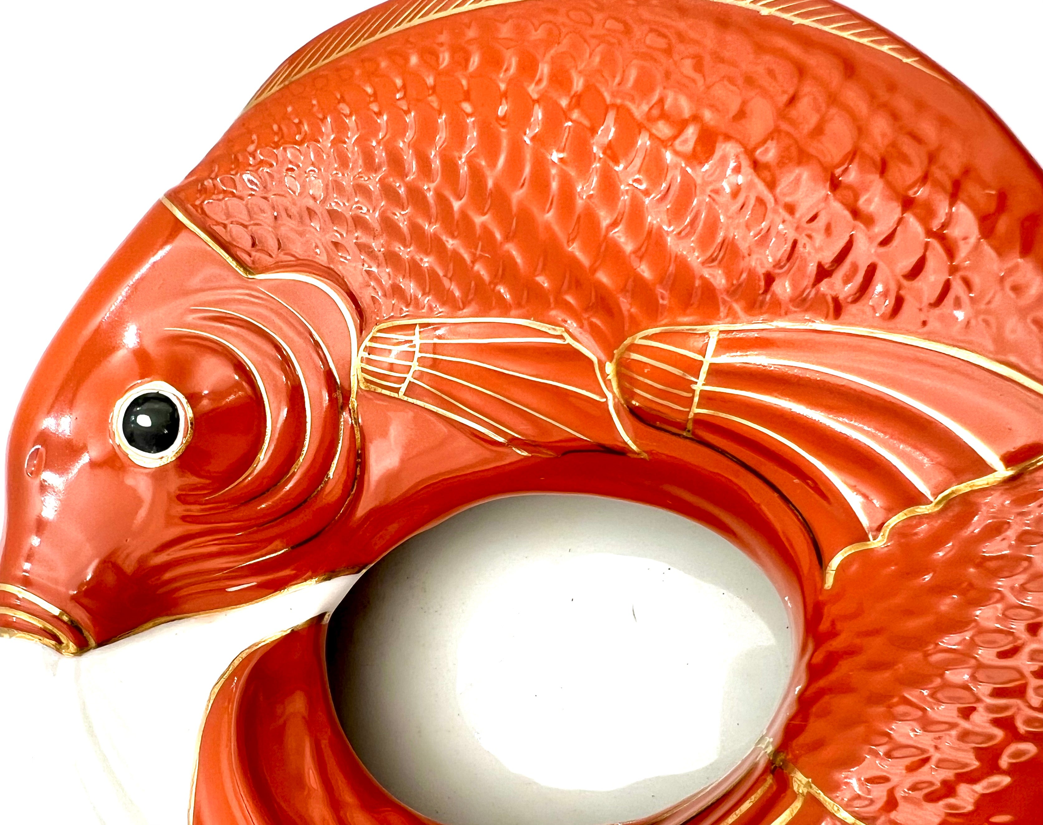 VINTAGE NEIMAN MARCUS JAPAN KOI FISH CERAMIC CENTERPIECE BOWL – ORANGE AND GOLD MID CENTURY MODERN