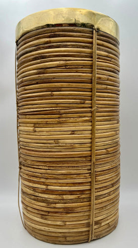 MID CENTURY GABRIELLA CRESPI BRASS RIM RATTAN ITALIAN UMBRELLA STAND