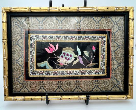 VINTAGE CHINESE SILK EMBROIDERY KOI FISH PANELS – FRAMED IN GOLD BAMBOO FRAMES
