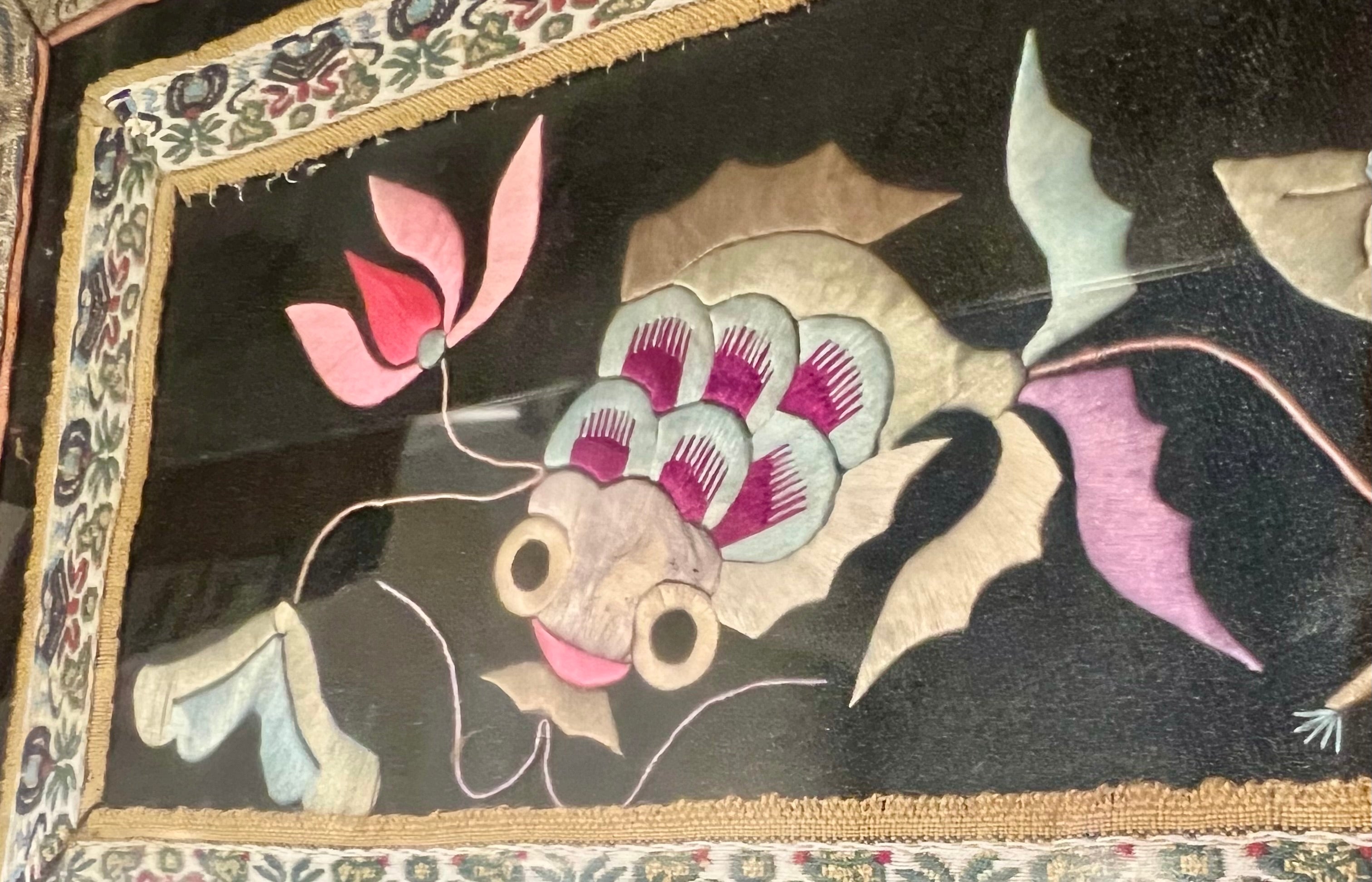 VINTAGE CHINESE SILK EMBROIDERY KOI FISH PANELS – FRAMED IN GOLD BAMBOO FRAMES