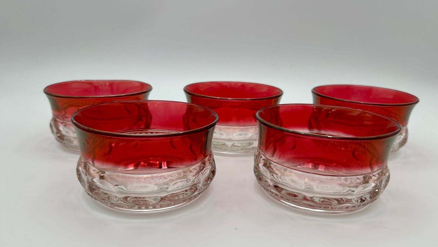 RARE MID-CENTURY DESSERT BOWL SET OF 5 VINTAGE KINGS CROWN RUBY RED FLASH  THUMBPRINT