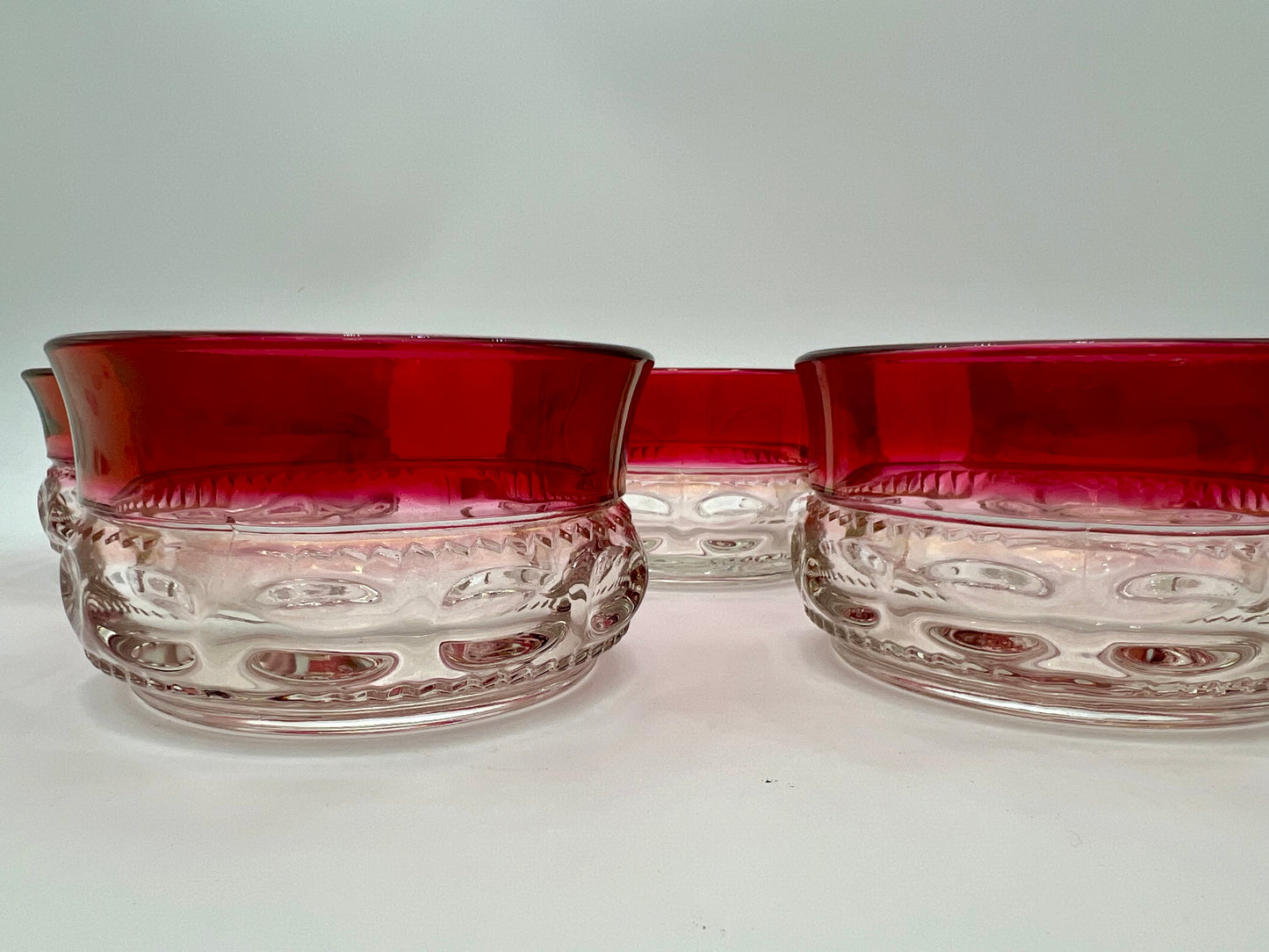 RARE MID-CENTURY DESSERT BOWL SET OF 5 VINTAGE KINGS CROWN RUBY RED FLASH  THUMBPRINT
