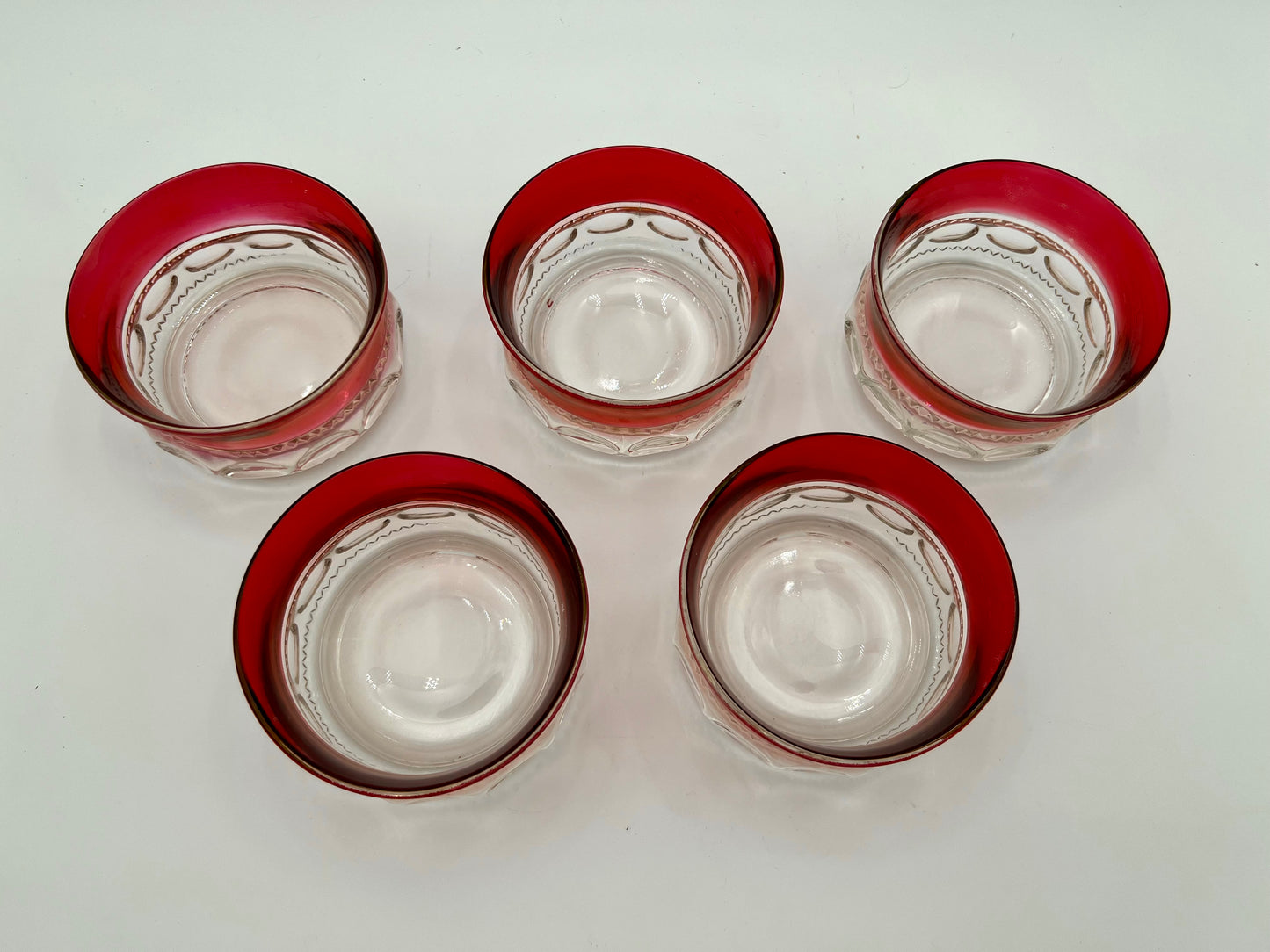 RARE MID-CENTURY DESSERT BOWL SET OF 5 VINTAGE KINGS CROWN RUBY RED FLASH  THUMBPRINT