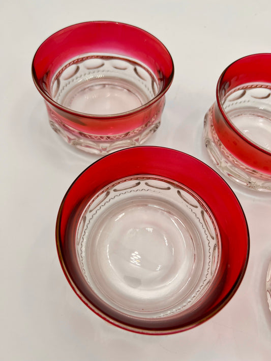 RARE MID-CENTURY DESSERT BOWL SET OF 5 VINTAGE KINGS CROWN RUBY RED FLASH  THUMBPRINT