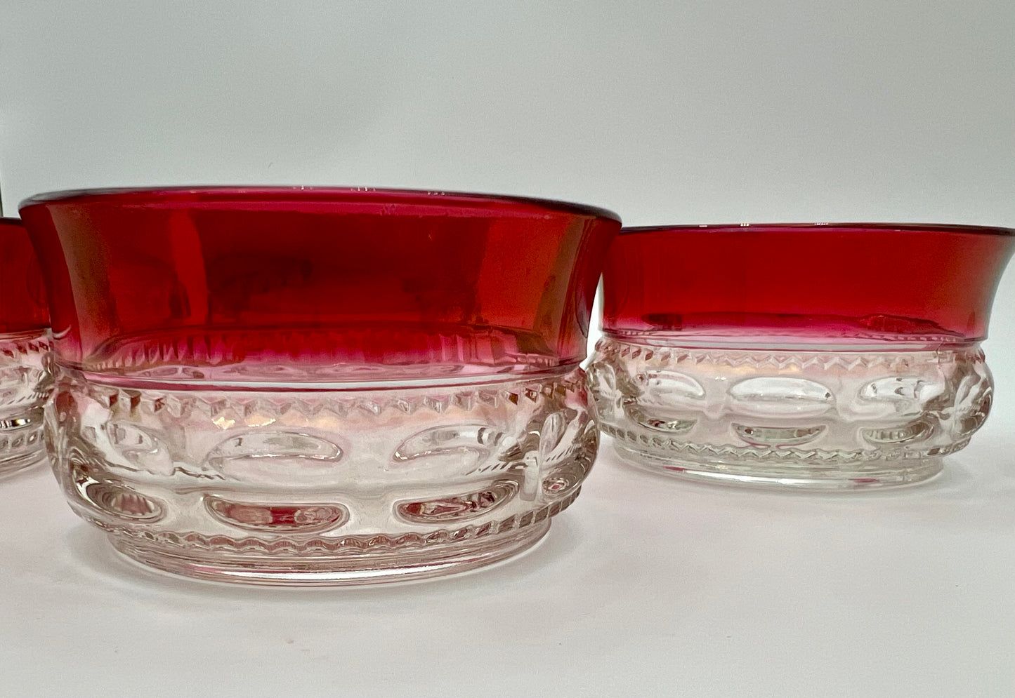 RARE MID-CENTURY DESSERT BOWL SET OF 5 VINTAGE KINGS CROWN RUBY RED FLASH  THUMBPRINT