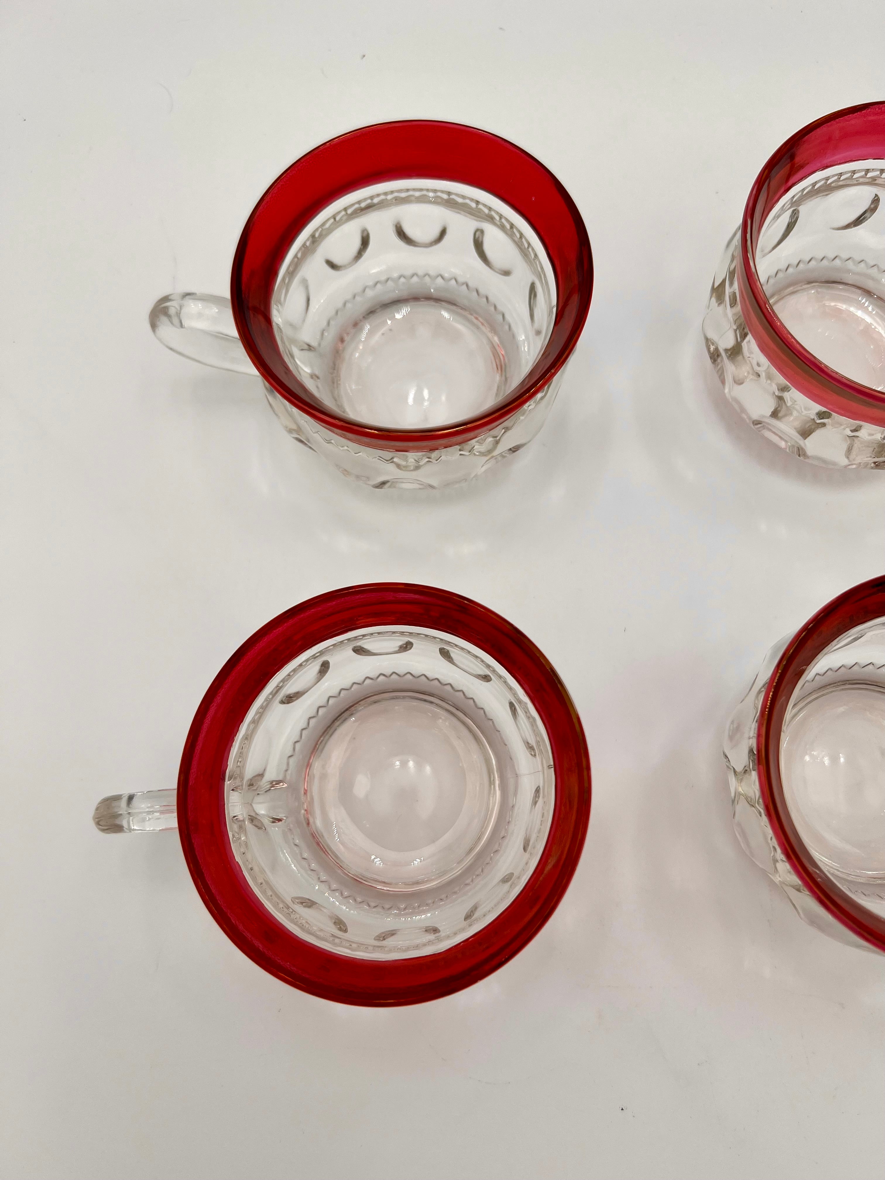 RARE MID-CENTURY PUNCH BOWL CUP SET OF 4 VINTAGE KINGS CROWN RUBY RED THUMBPRINT