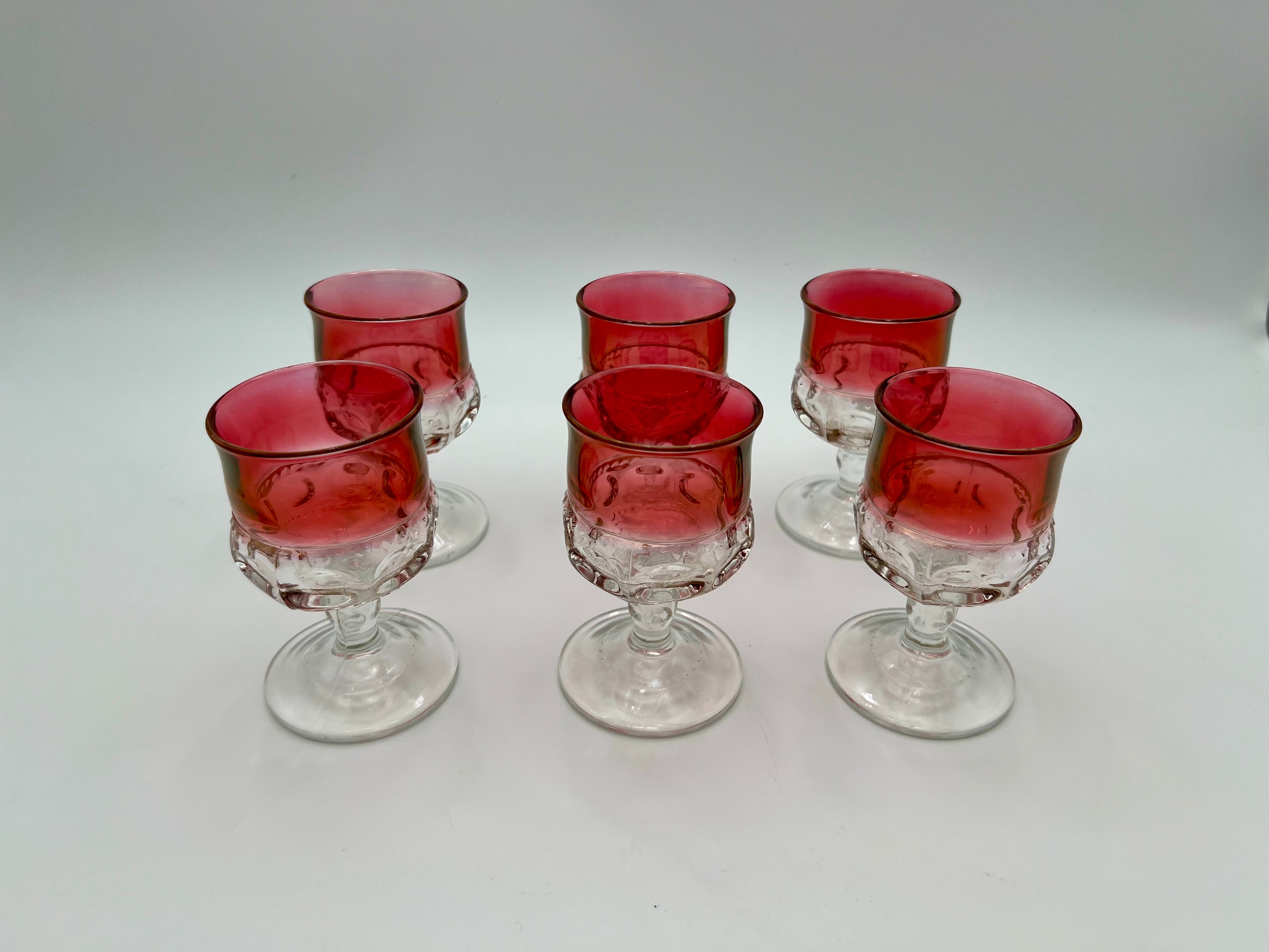 VINTAGE KINGS CROWN THUMBPRINT RUBY FLASH CORDIAL GLASSES – SET OF 6 MID CENTURY RED STEMWARE