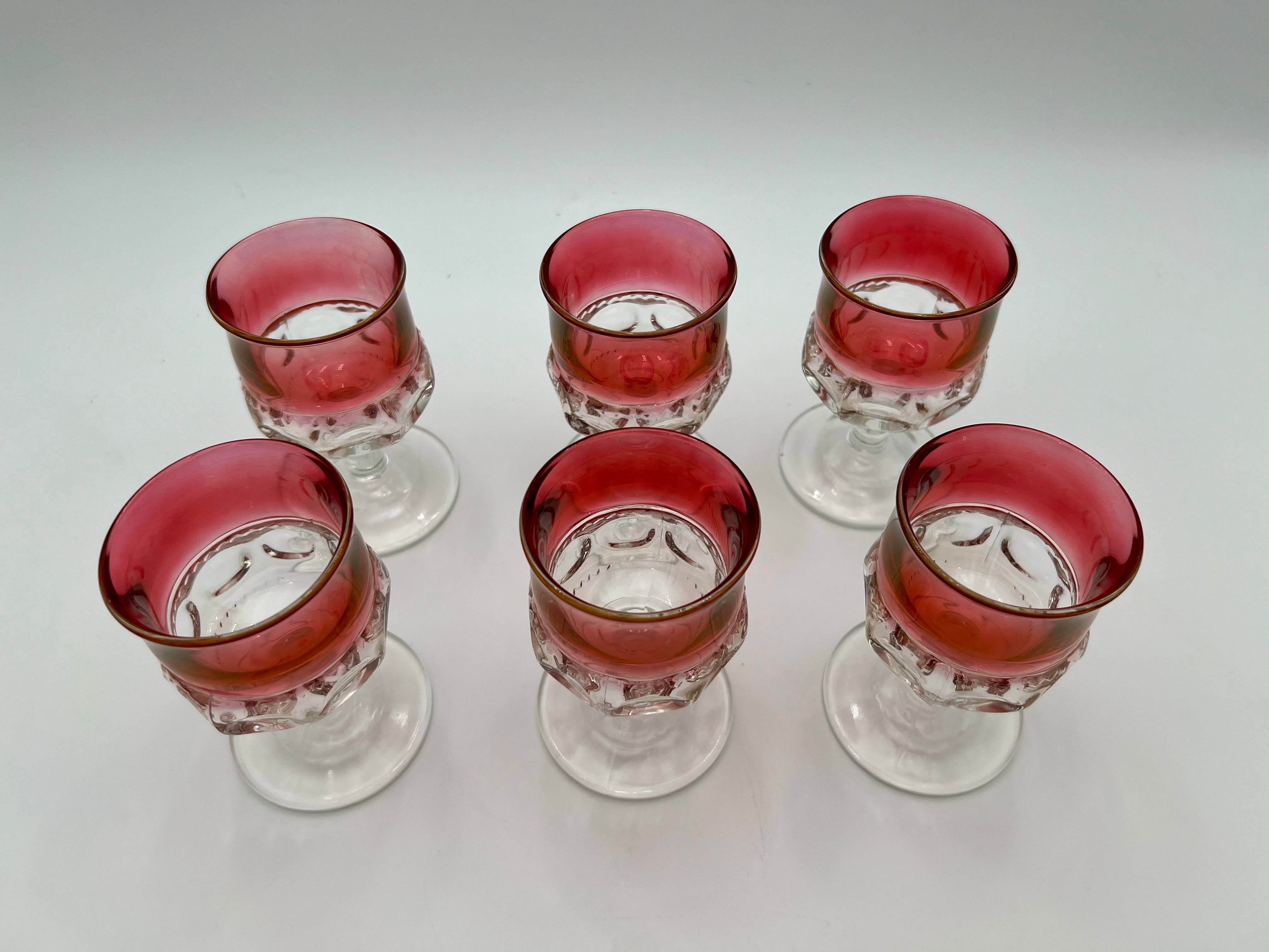 VINTAGE KINGS CROWN THUMBPRINT RUBY FLASH CORDIAL GLASSES – SET OF 6 MID CENTURY RED STEMWARE