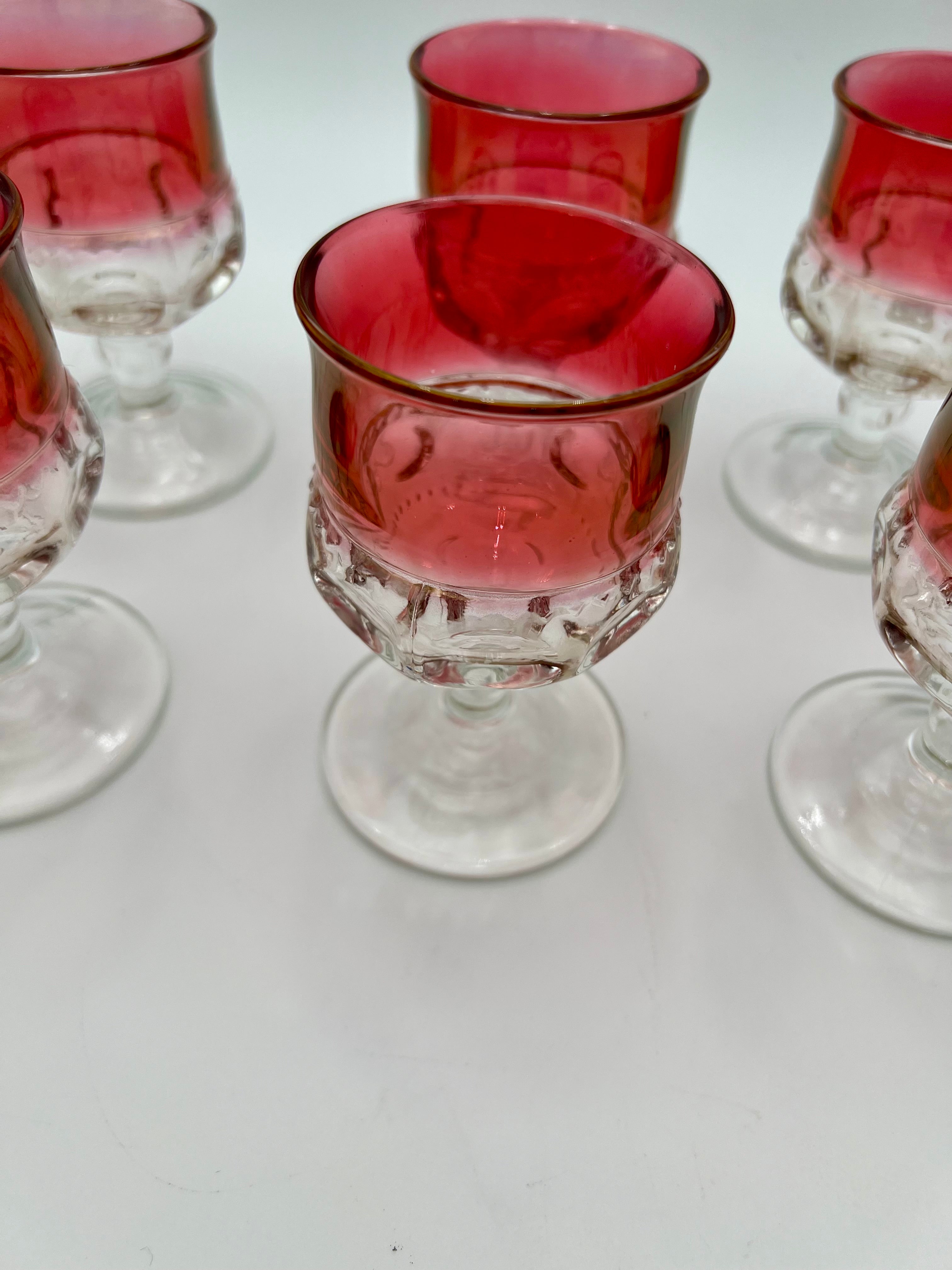 VINTAGE KINGS CROWN THUMBPRINT RUBY FLASH CORDIAL GLASSES – SET OF 6 MID CENTURY RED STEMWARE