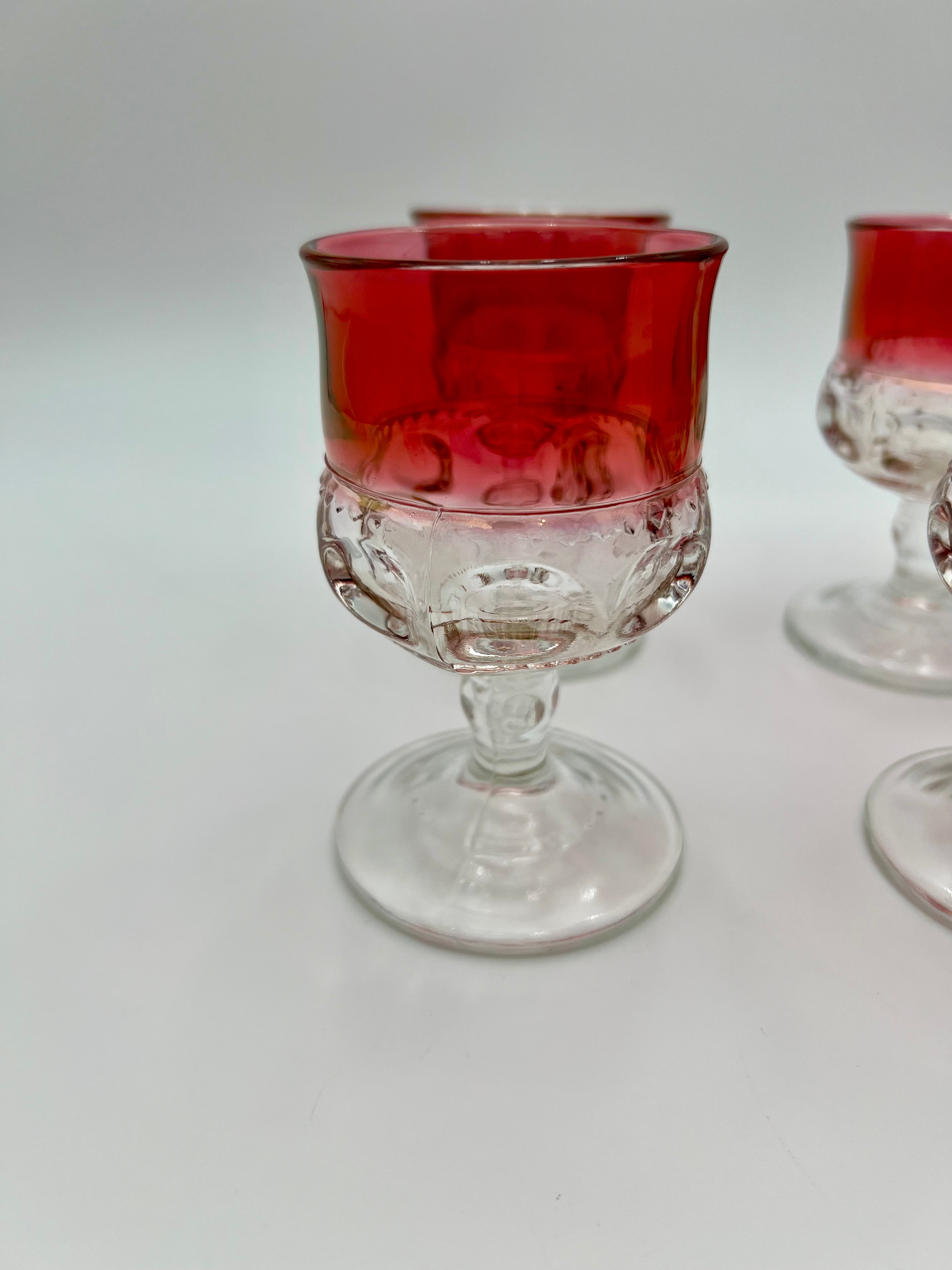 VINTAGE KINGS CROWN THUMBPRINT RUBY FLASH CORDIAL GLASSES – SET OF 6 MID CENTURY RED STEMWARE
