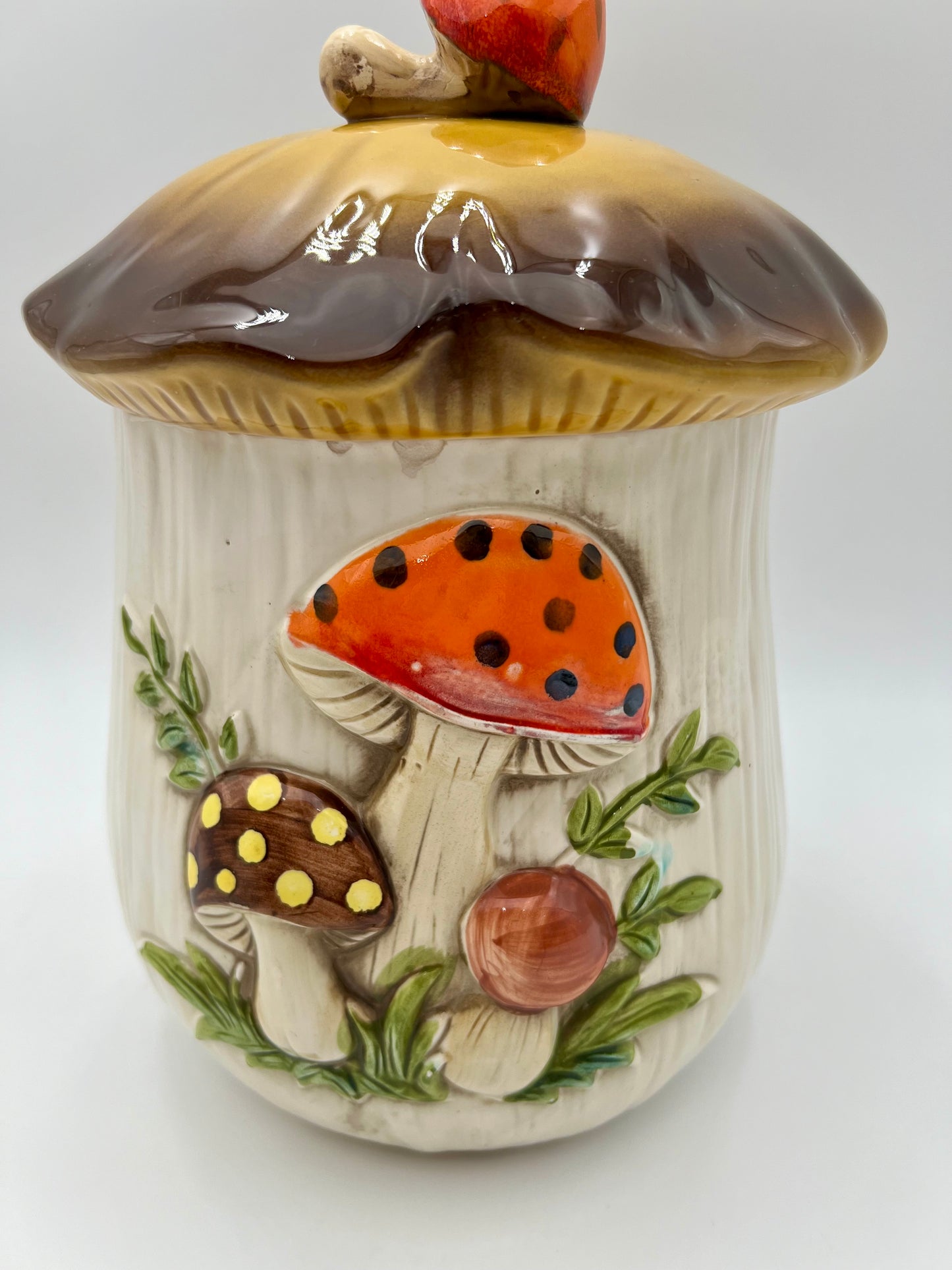 VINTAGE MERRY MUSHROOM  11 X 8.5 INCH CANISTER