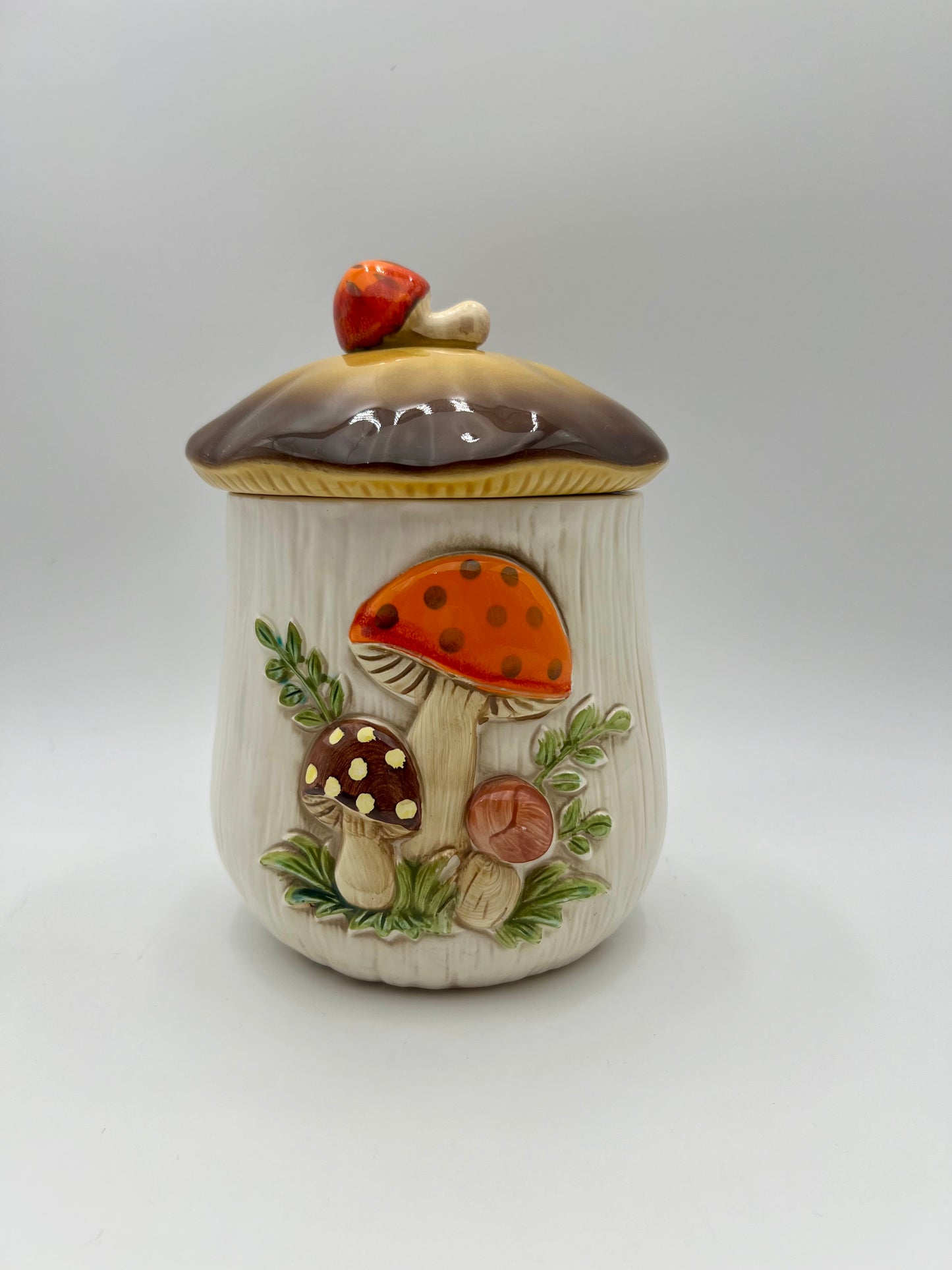 VINTAGE MERRY MUSHROOM  9 X 5.5 INCH CANISTER