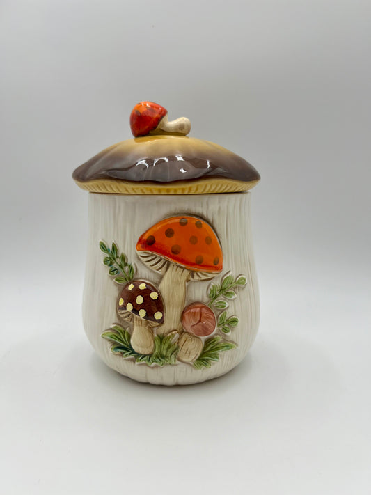 VINTAGE MERRY MUSHROOM  9 X 5.5 INCH CANISTER
