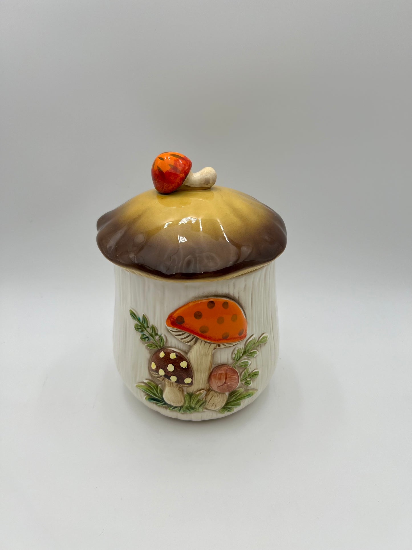 VINTAGE MERRY MUSHROOM  9 X 5.5 INCH CANISTER