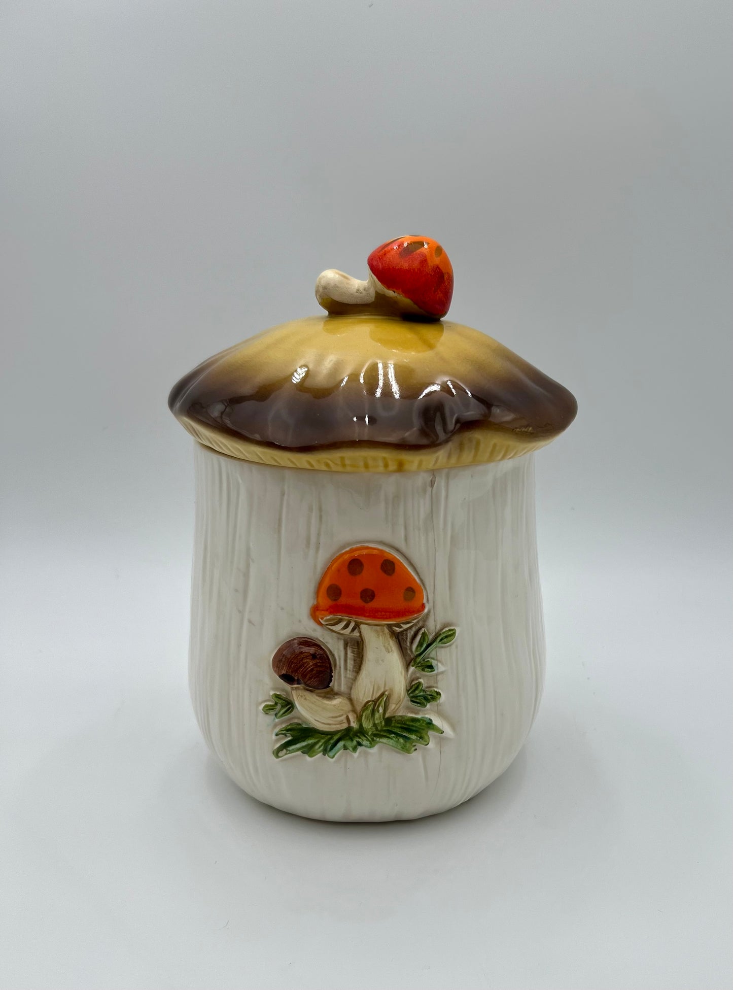 VINTAGE MERRY MUSHROOM  9 X 5.5 INCH CANISTER