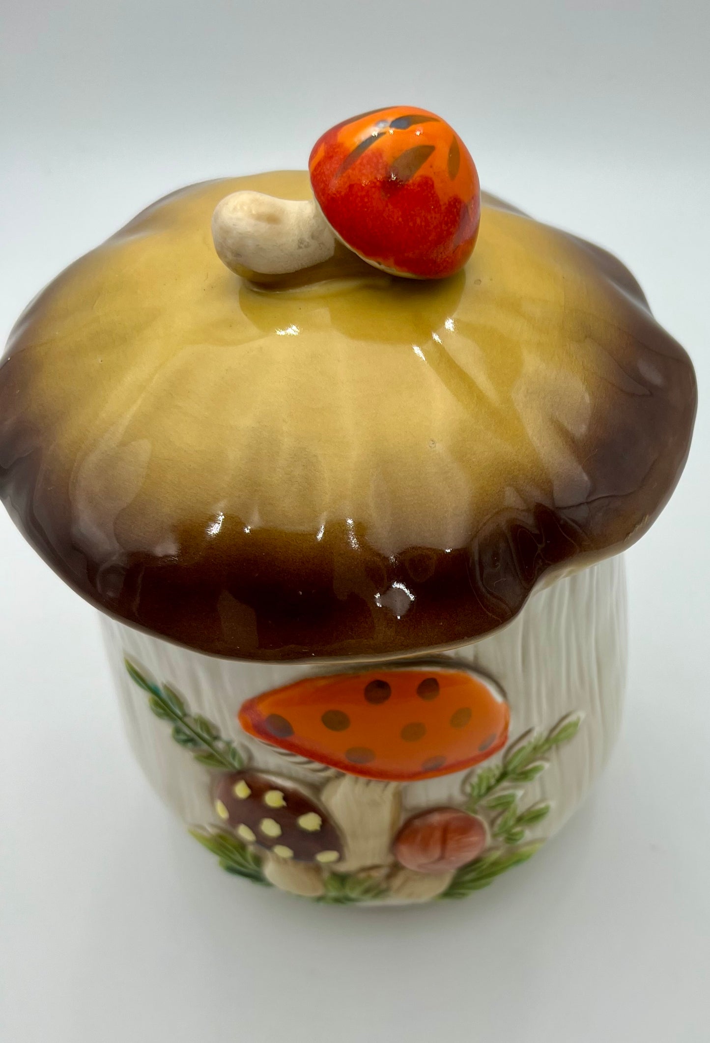 VINTAGE MERRY MUSHROOM  9 X 5.5 INCH CANISTER