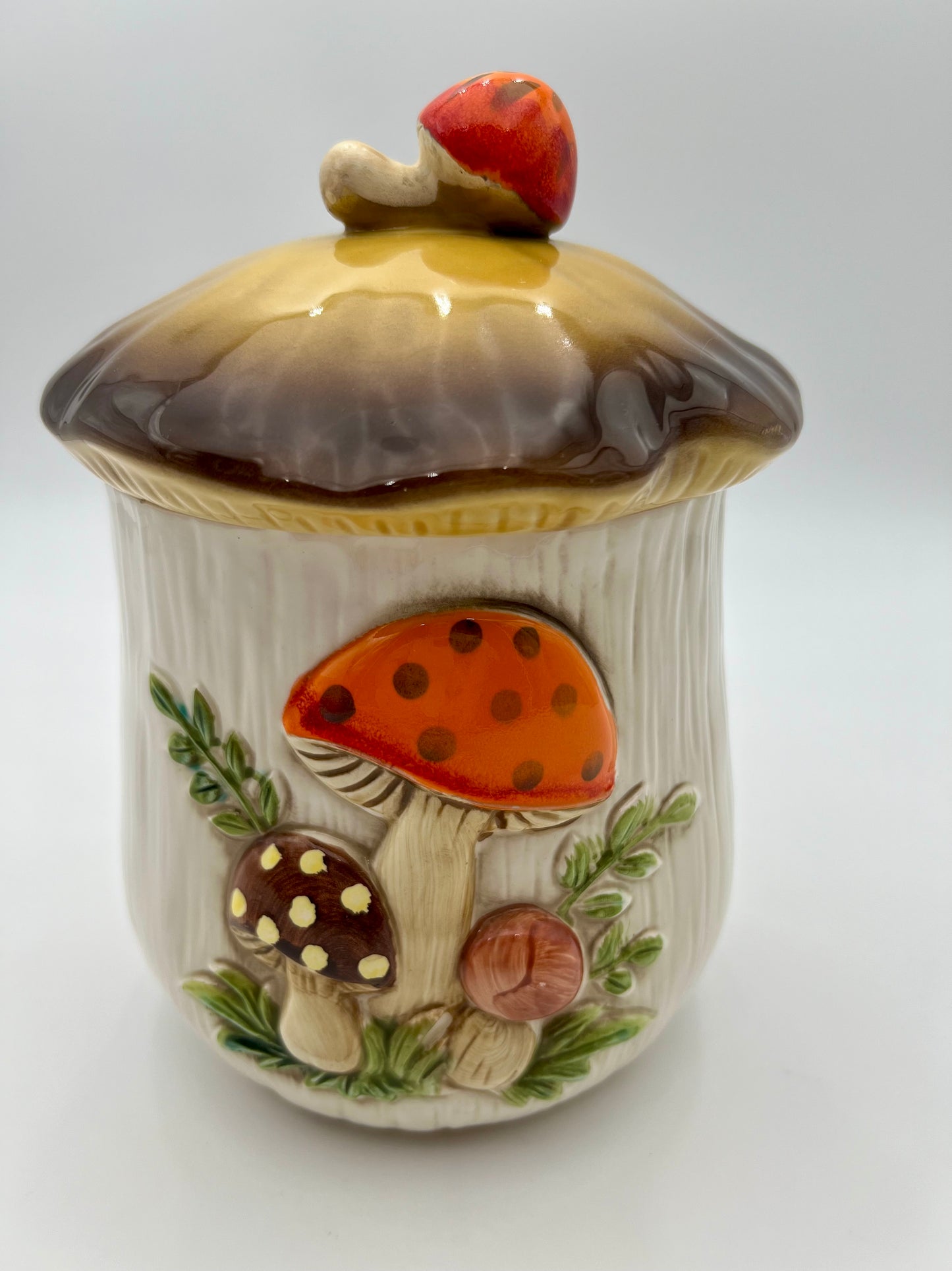VINTAGE MERRY MUSHROOM  9 X 5.5 INCH CANISTER