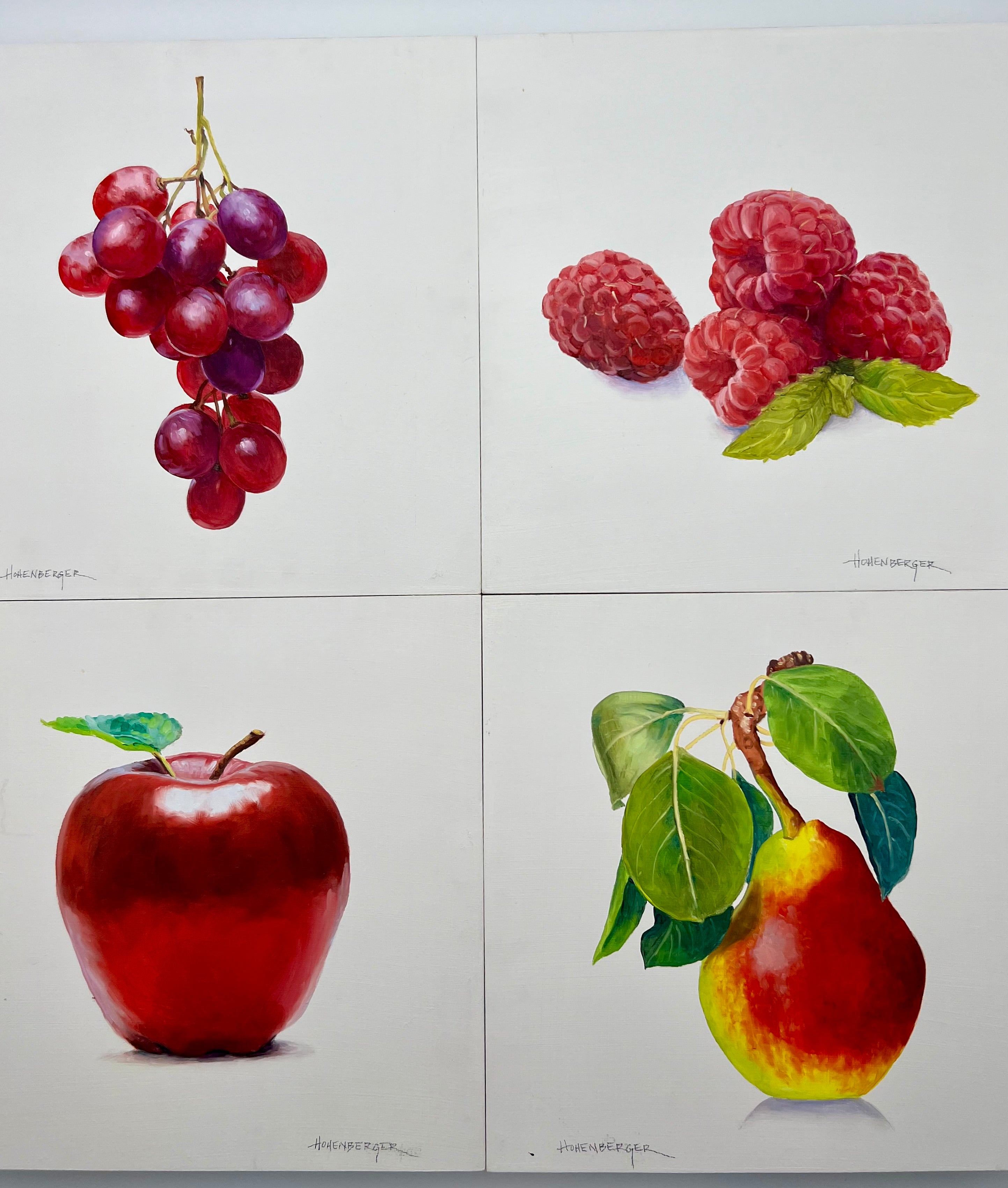 SIGNED ROSE HOHENBERGER (HOUSTON, TEXAS) FRUIT STILL LIFE PANEL SERIES — SET OF FOUR — 12"×12" DEEP-EDGE WOOD PANELS