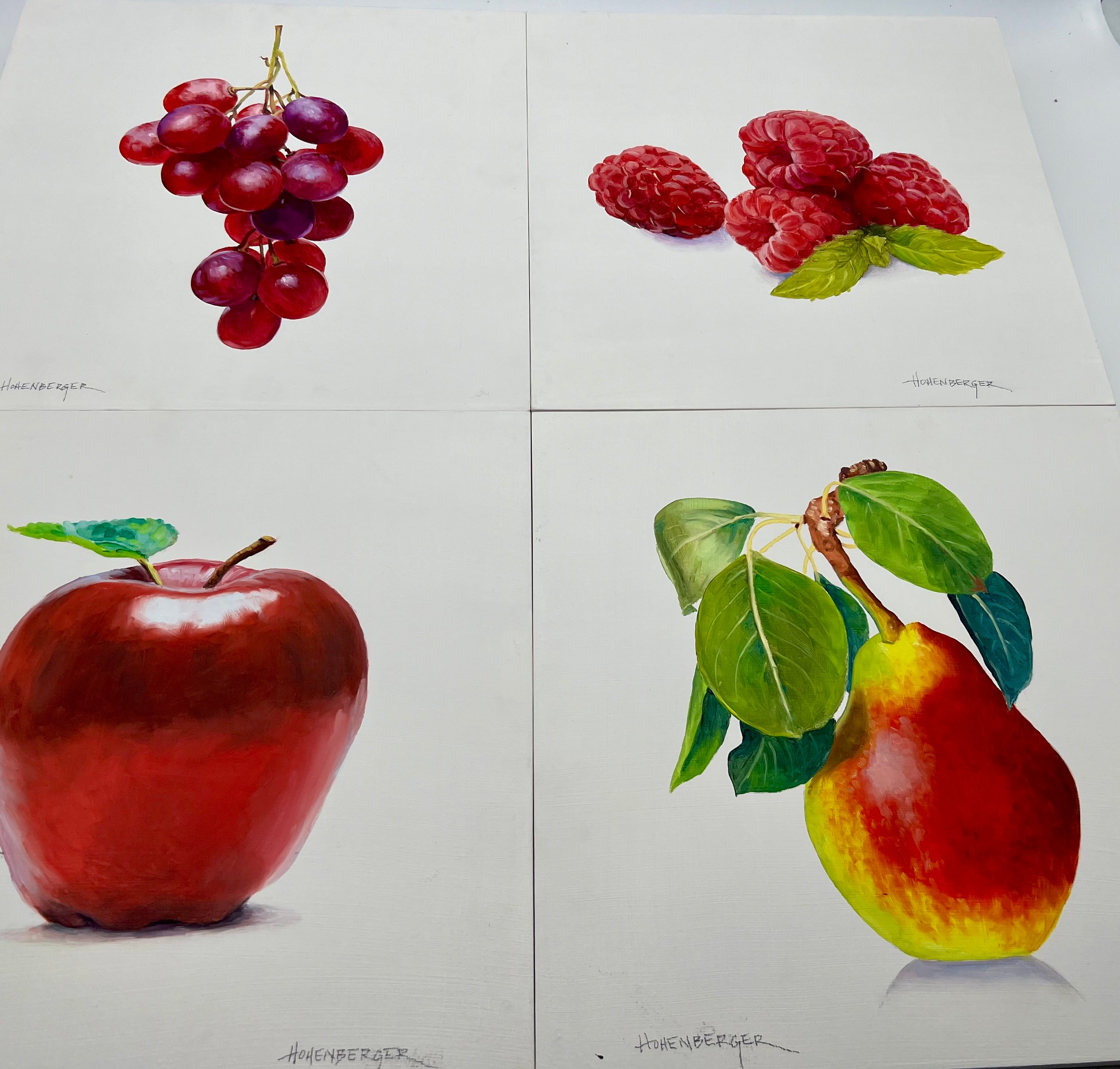 SIGNED ROSE HOHENBERGER (HOUSTON, TEXAS) FRUIT STILL LIFE PANEL SERIES — SET OF FOUR — 12"×12" DEEP-EDGE WOOD PANELS