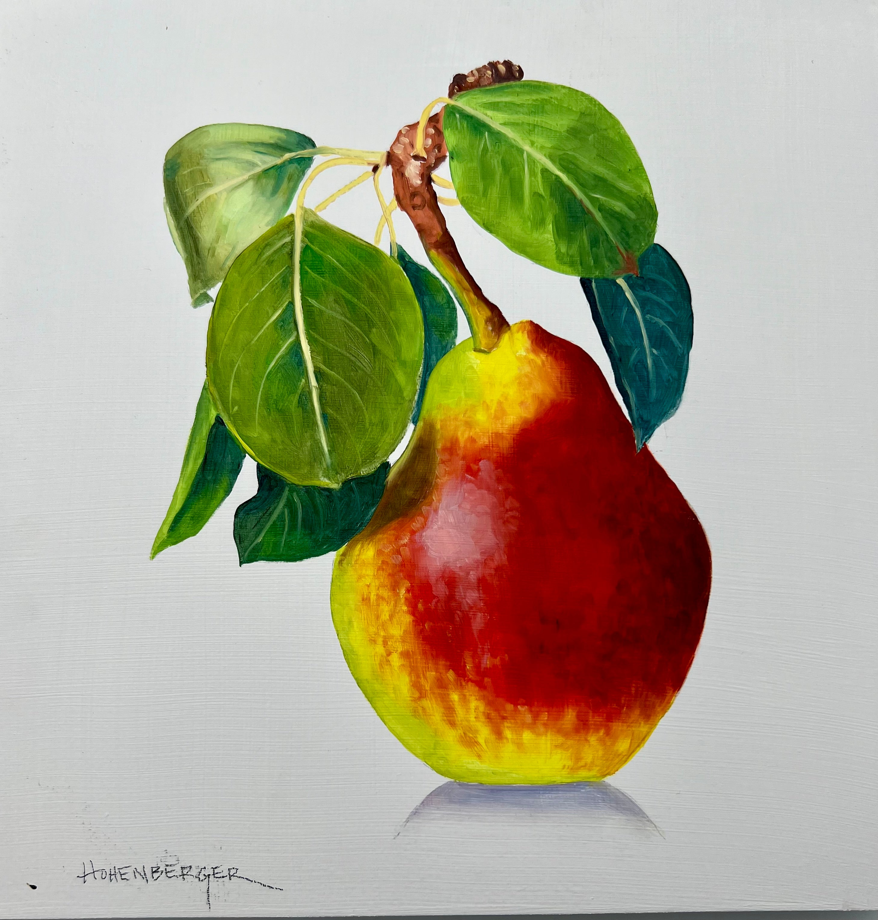 SIGNED ROSE HOHENBERGER (HOUSTON, TEXAS) FRUIT STILL LIFE PANEL SERIES — SET OF FOUR — 12"×12" DEEP-EDGE WOOD PANELS